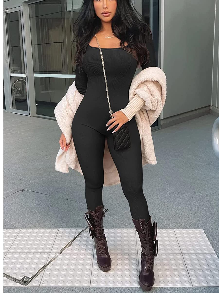 YILEEGOO Women's Sexy Ribbed Long Sleeve Scoop Neck Bodycon Jumpsuit - Stretchy Slim Fit Romper for Clubwear, Date Night & Casual Outfits