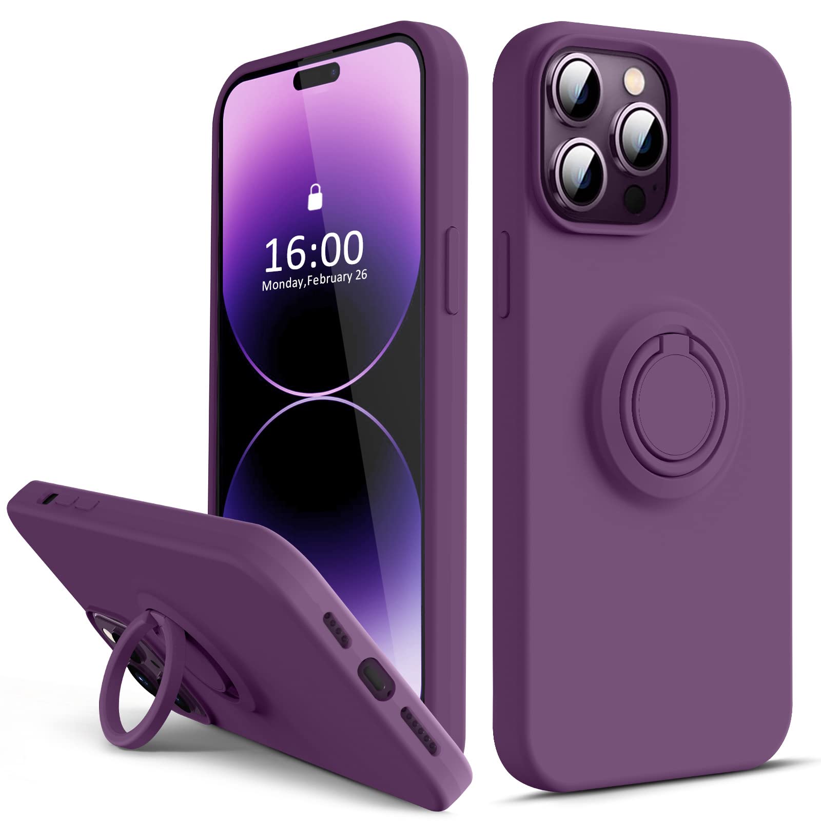 Premium Soft Liquid Silicone Shockproof iPhone 14 Pro Case with Ring Stand Holder - 6.1 Inch Slim Protective Cover with Scratch-Resistant Microfiber Liner (Grape Purple) - Perfect for Everyday Use, Travel, and Hands-Free Viewing