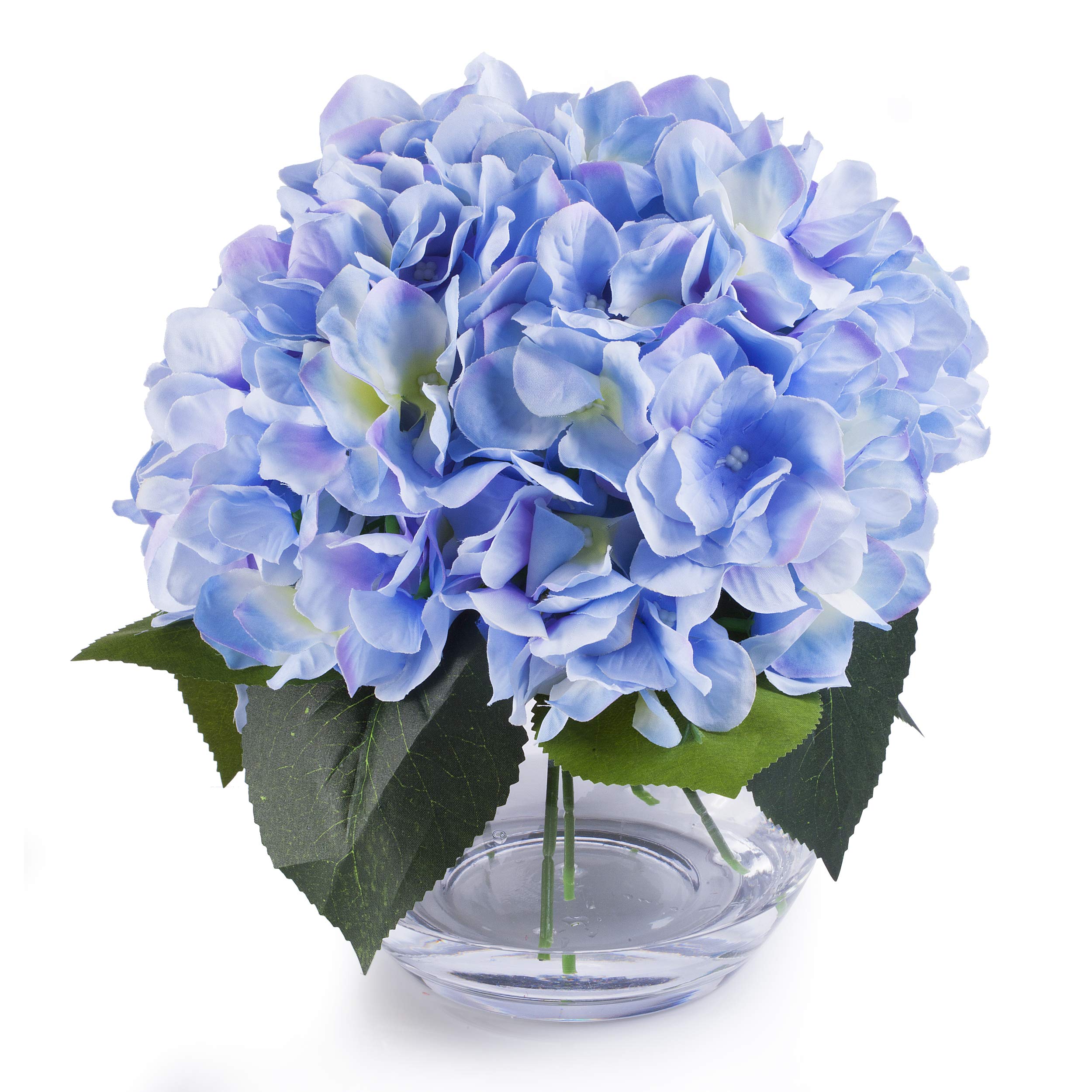 ENOVA HOME Artificial Silk Hydrangea Flowers Arrangement in Clear Glass Vase - Blue Floral Centerpiece for Home Decor, Wedding, Office & Table Decorations
