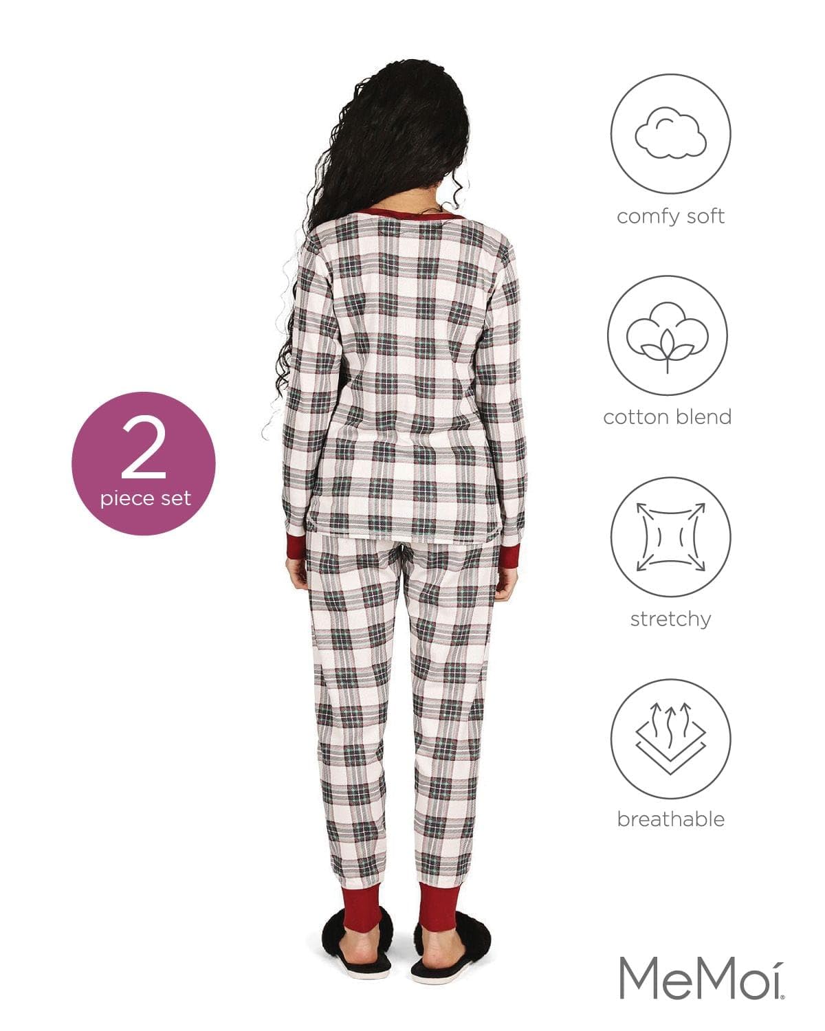 MeMoi Women's Soft Plaid Cotton Blend Henley Pajama Set - Comfortable Sleepwear for Lounge & Nighttime Relaxation
