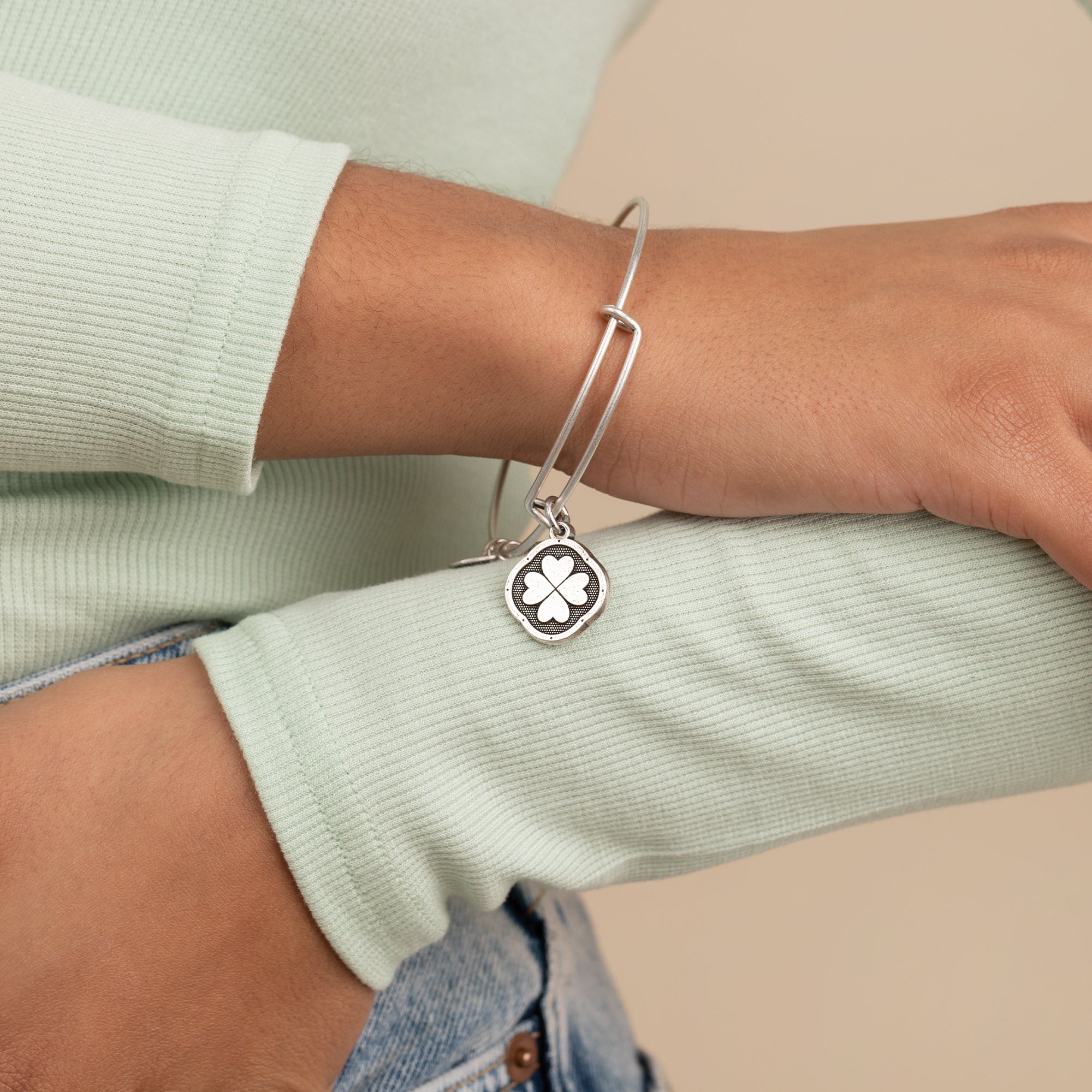 Four Leaf Clover Charm Bangle Bracelet - Lucky Irish Jewelry for Women, Sterling Silver Clover Pendant Wristband | Perfect for St. Patrick's Day Gifts, Birthday & Good Luck Charm