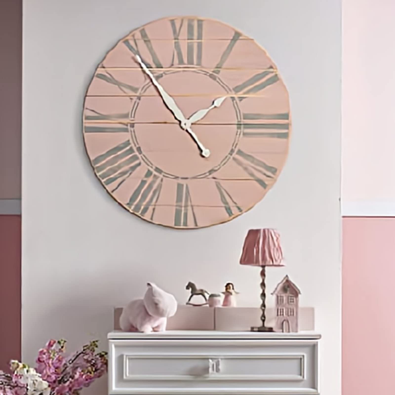 Vintage Wooden Farmhouse Wall Clock - 12 Inch Silent Round Tea Rose Decor Battery Operated Large Wall Clock for Living Room, Kitchen, Bedroom & Office Decor