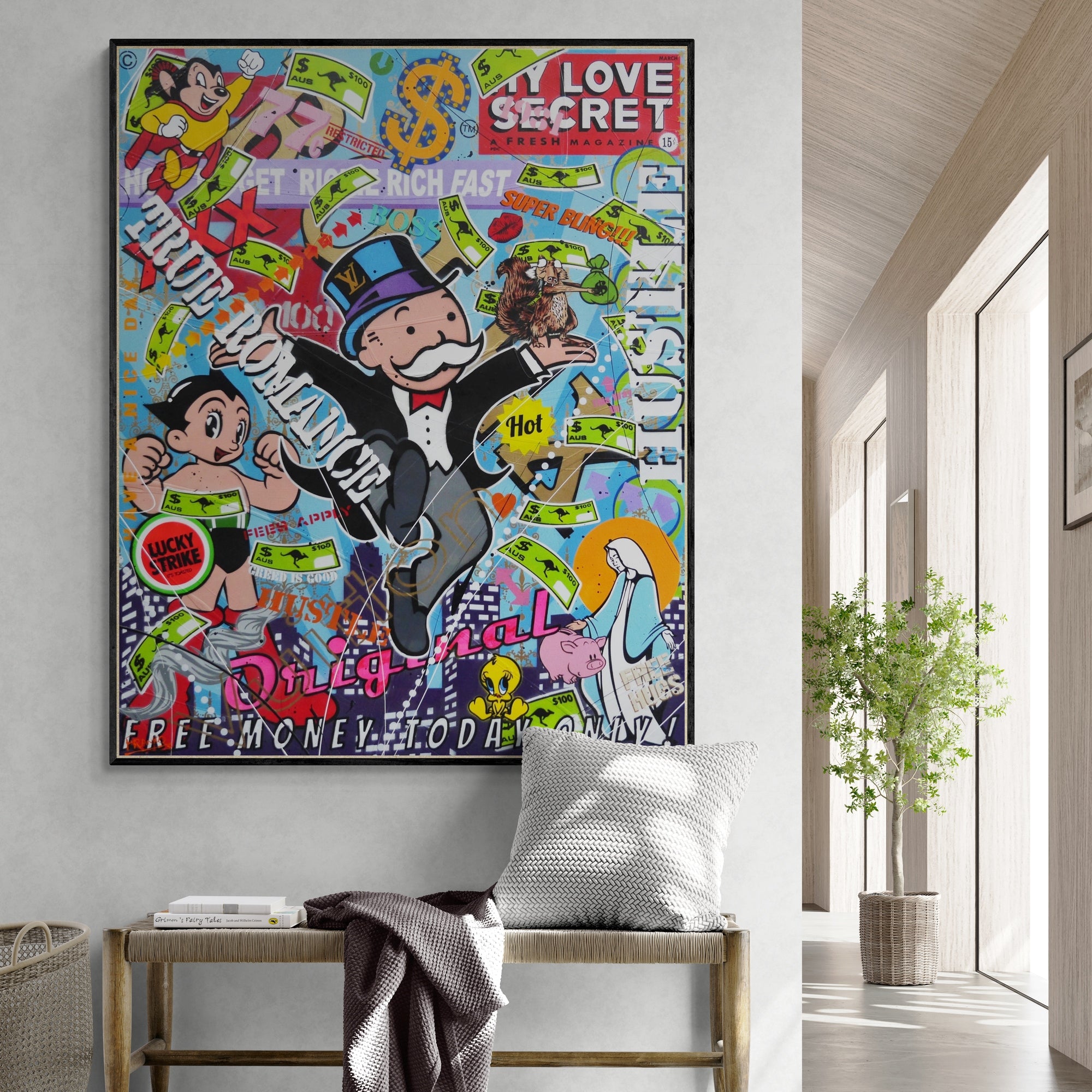 Monopoly Man Textured Urban Pop Art Painting - 120cm x 150cm Money Bags Wall Decor for Game Room, Office & Modern Home