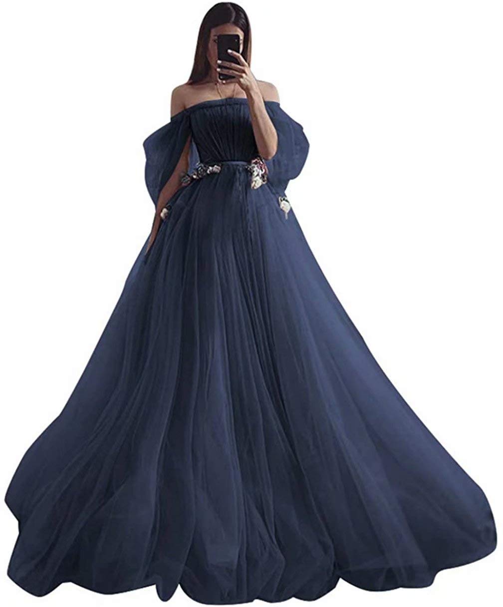 Vintage Tulle Puffy Sleeve Prom Dress with Sweetheart Neckline & High Slit - Navy Blue Evening Gown Size US16 | Perfect for Homecoming, Prom Night, Formal Parties & Special Occasions