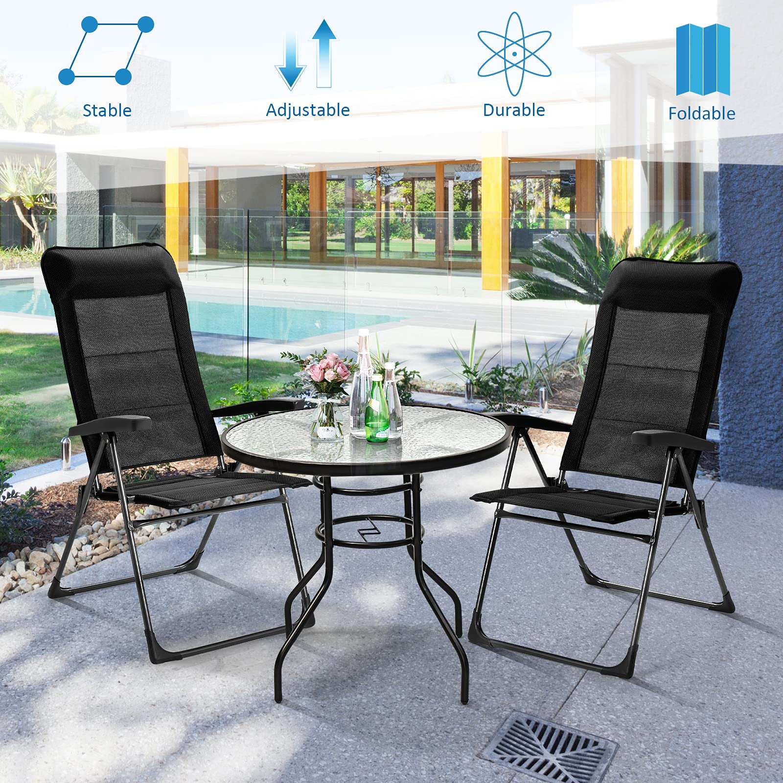 Tangkula 2-Piece Folding Patio Dining Chairs Set - Adjustable Backrest, Portable Outdoor Camping Chairs with Armrests & Headrest - Perfect for Yard, Poolside, Balcony, Beach and Picnic Use
