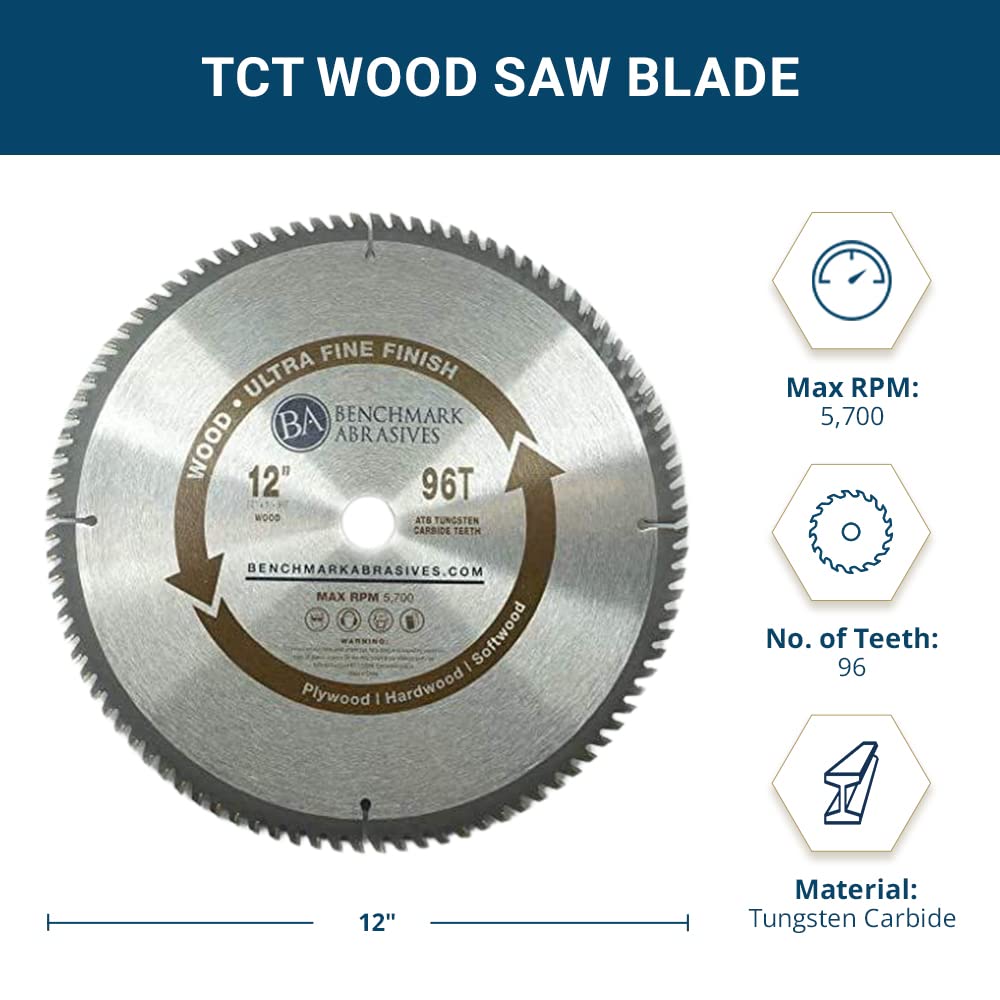 Benchmark Abrasives 12 Inch TCT Saw Blade - 96 Teeth Tungsten Carbide Tipped Circular Saw Blade with 5/8