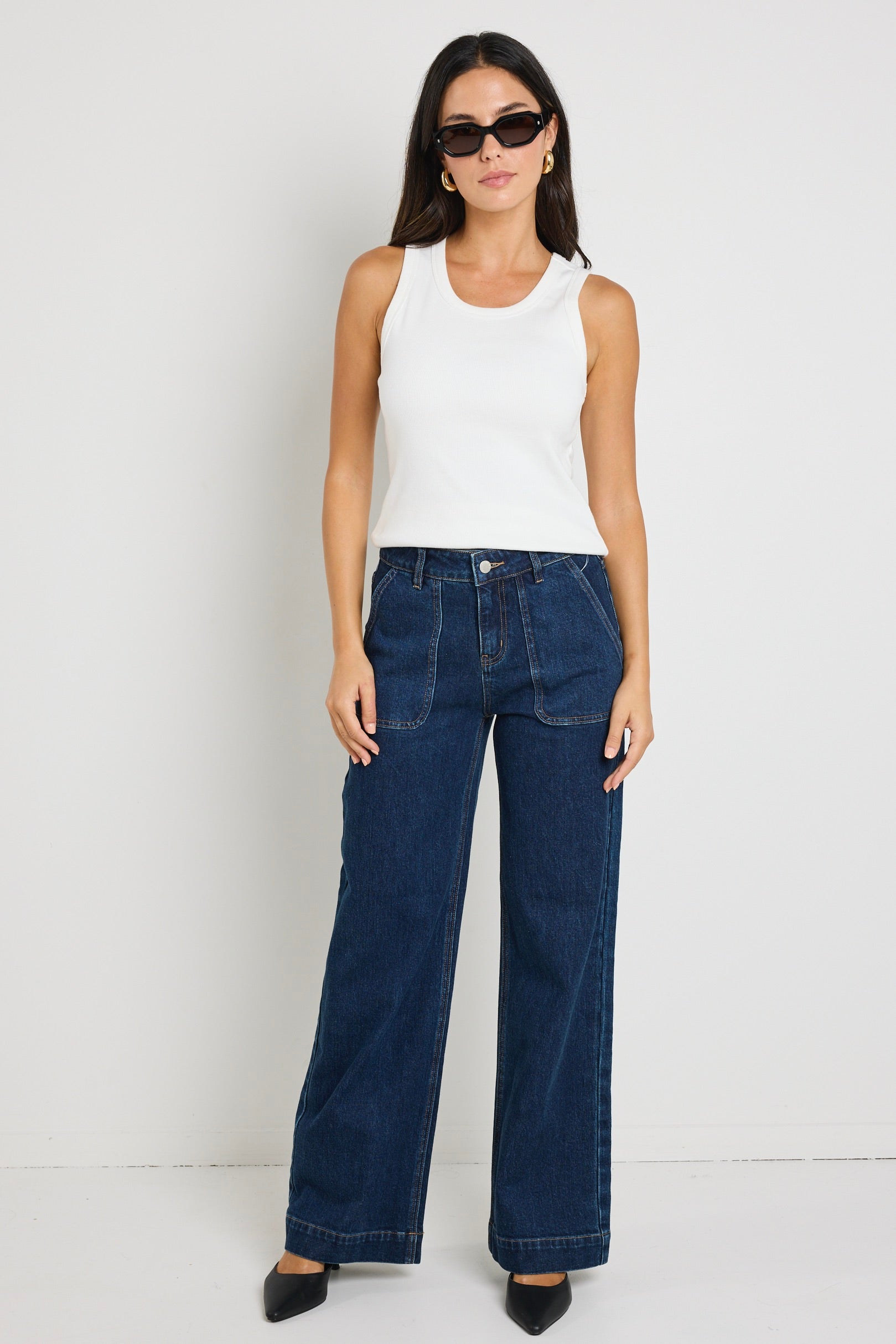 Indigo Mid Rise Wide Leg Jeans for Women with Front Pockets - Comfortable Stretch Denim Pants for Casual Wear & Everyday Outfits