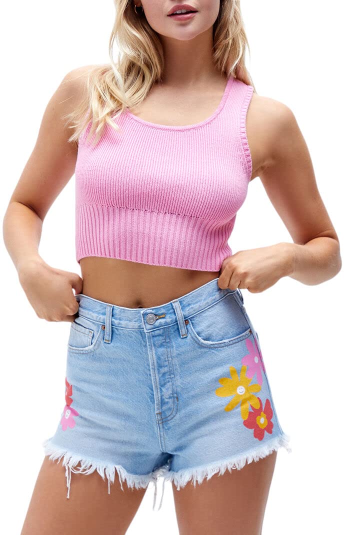 PacSun Women's Eco-Friendly Vintage High Waisted Denim Shorts - Distressed Flower Embroidered Summer Fashion for Casual Outfits & Beach Vacations