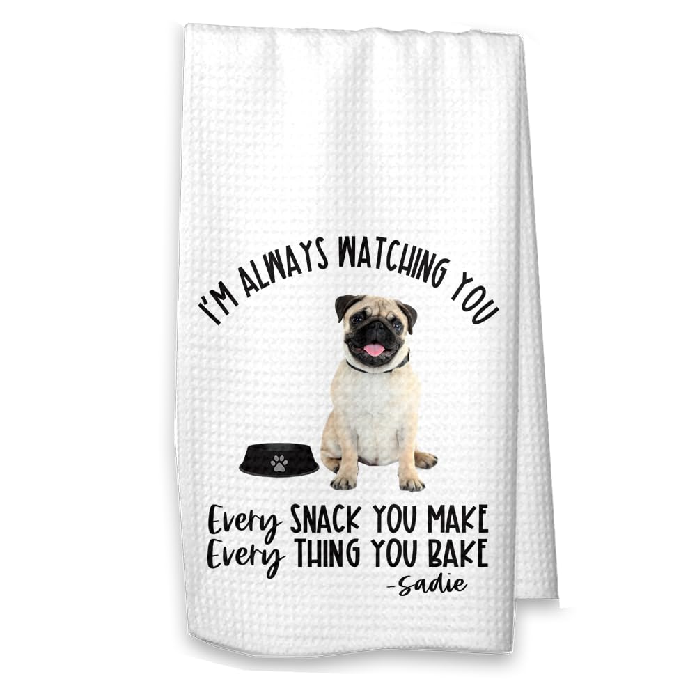 Personalized Pug Kitchen Waffle Towel - Custom Dog Name Kitchen Towel for Dog Lovers, Funny Housewarming Gift for Dog Mom & Dad - Perfect for Kitchen Decor & Hostess Gifts (Brown Pug Design)