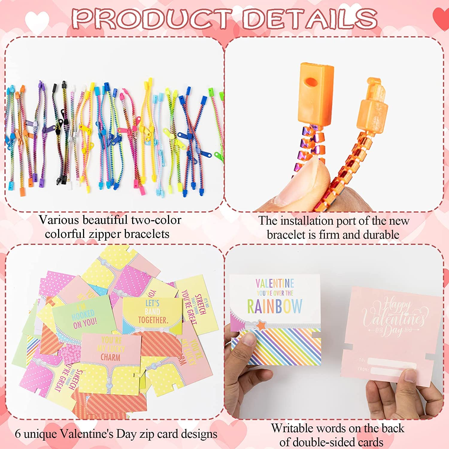 OuMuaMua 30Pcs Valentine's Day Cards with Fidget Zipper Bracelets - Kids Classroom Exchange Gifts, Party Favors for School Celebrations & Friendship Activities