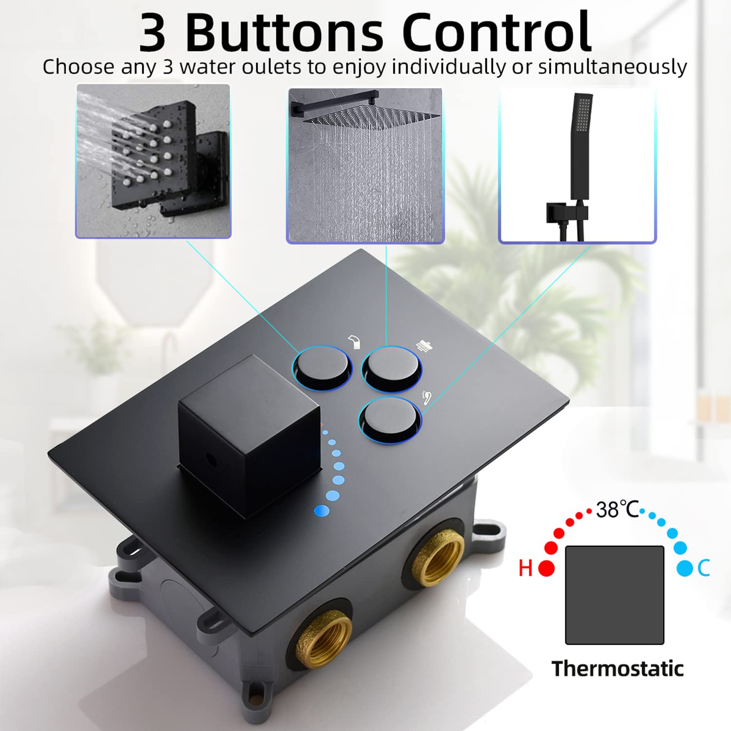 12 Inch Black Thermostatic Shower System - Wall Mounted Full Body Shower Faucet Set with 4PCS Body Jets | Modern Bathroom Fixtures for Spa-Like Experience at Home