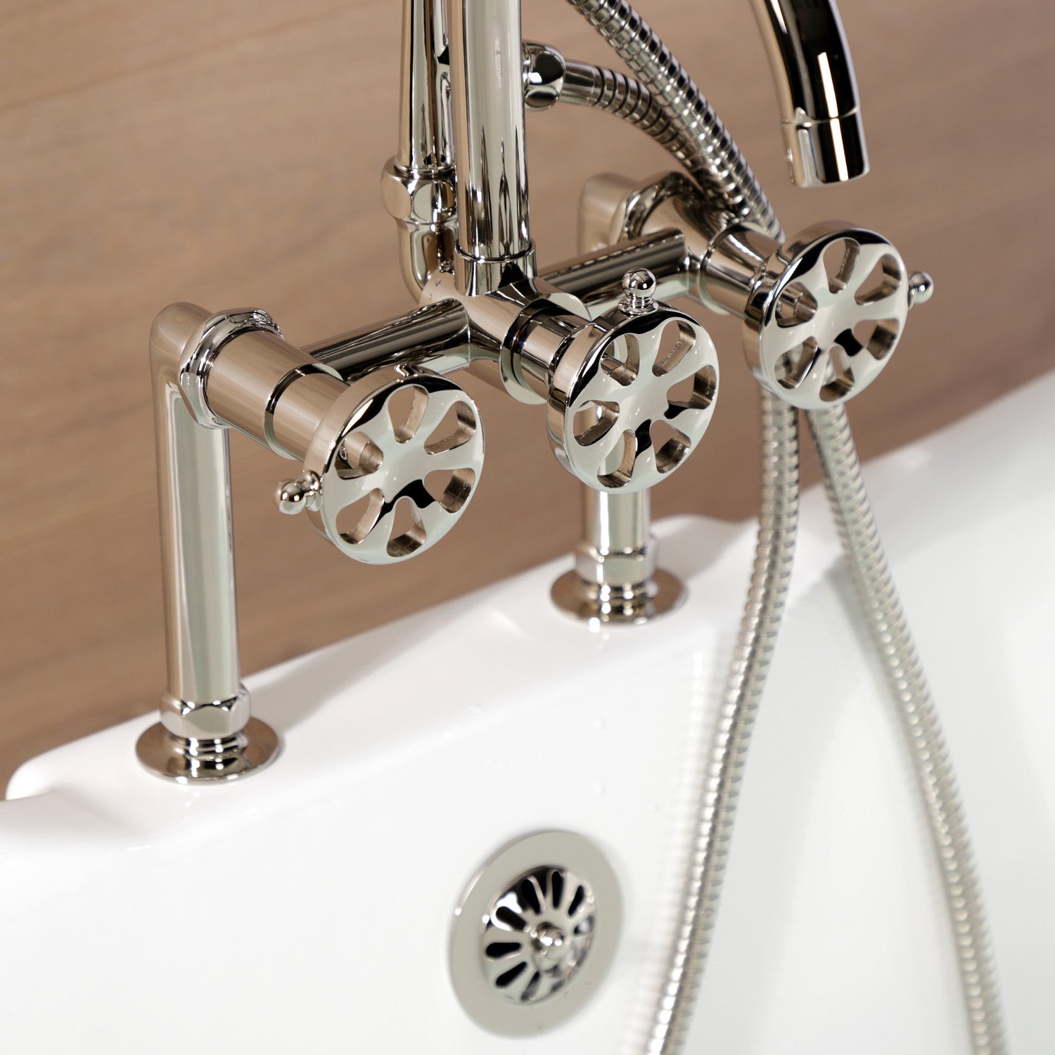 Belknap AE8106RX 3-Handle 2-Hole Deck Mount Clawfoot Bathtub Faucet with Hand Shower - Polished Nickel Finish - Vintage Style Bathroom Fixture for Classic & Modern Bathrooms