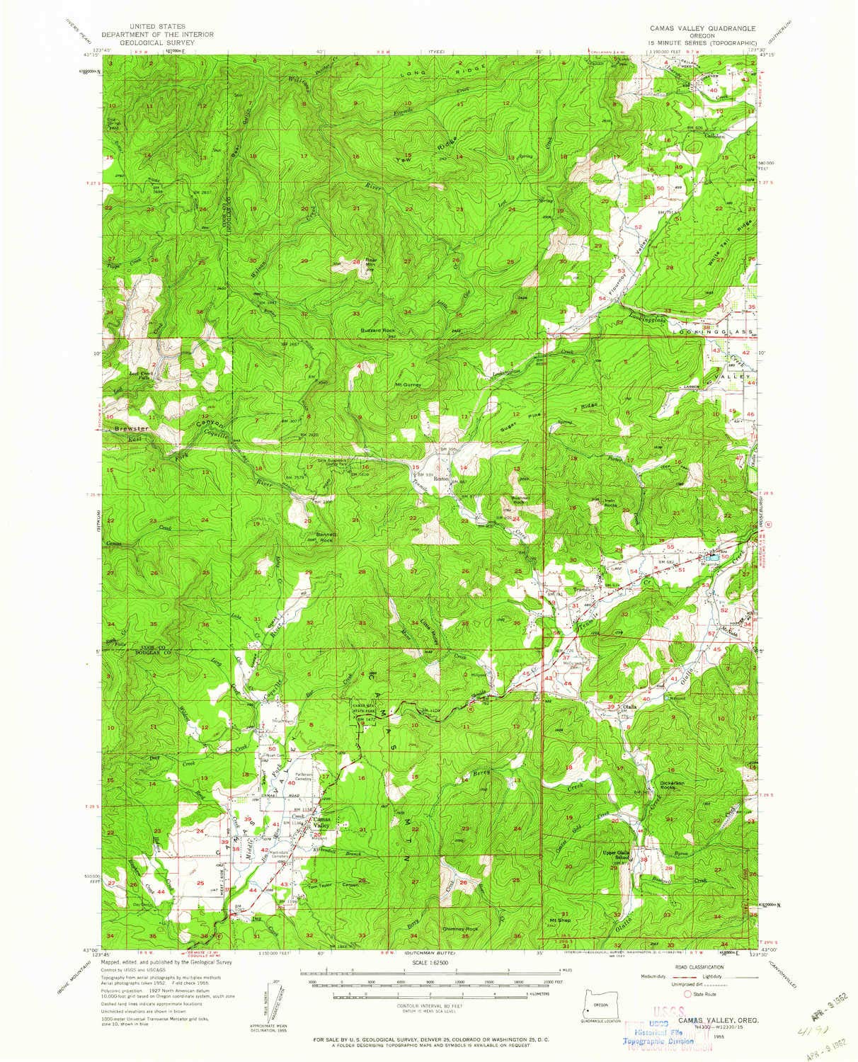 Vintage Camas Valley OR Topographic Map - 1:62500 Scale, 15x15 Minute, Historical 1955 Edition (Updated 1962) - 20.8 x 16.8 Inches - Perfect for Hiking, Collecting & Wall Decor