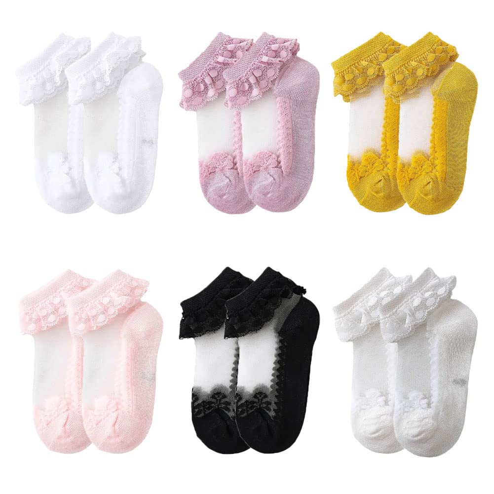 FedMois 6 Pairs Baby Girls Cotton Lace Frilly Socks - Soft Dress Socks with Ruffles for Newborns & Toddlers | Perfect for Special Occasions, Photo Shoots & Everyday Wear