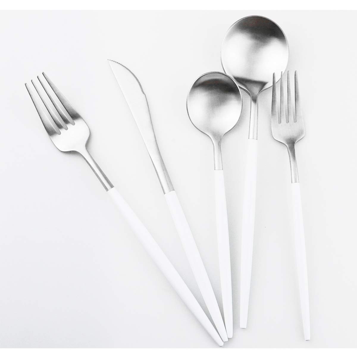 Premium 18/10 Stainless Steel Flatware Set - 5-Piece Matte White Handle Silverware (Fork, Spoon, Knife) for Dining, Camping & Travel - Durable Cutlery for Home, Outdoor & Restaurant Use