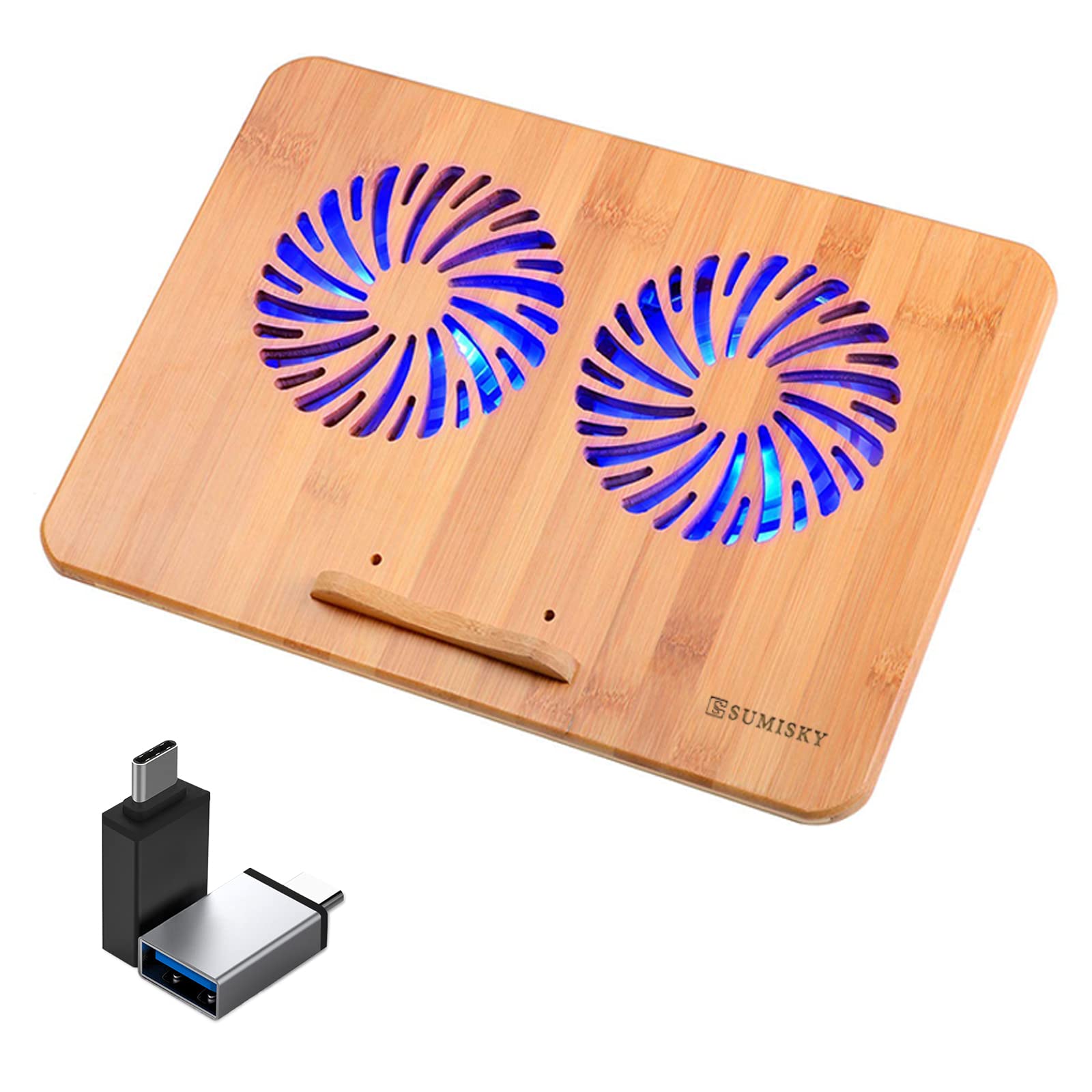 SUMISKY Bamboo Laptop Stand Cooling Pad with 2 Quiet Fans & USB Ports - Adjustable Ergonomic Computer Riser for Desk, Home Office, Gaming & Workstation Use
