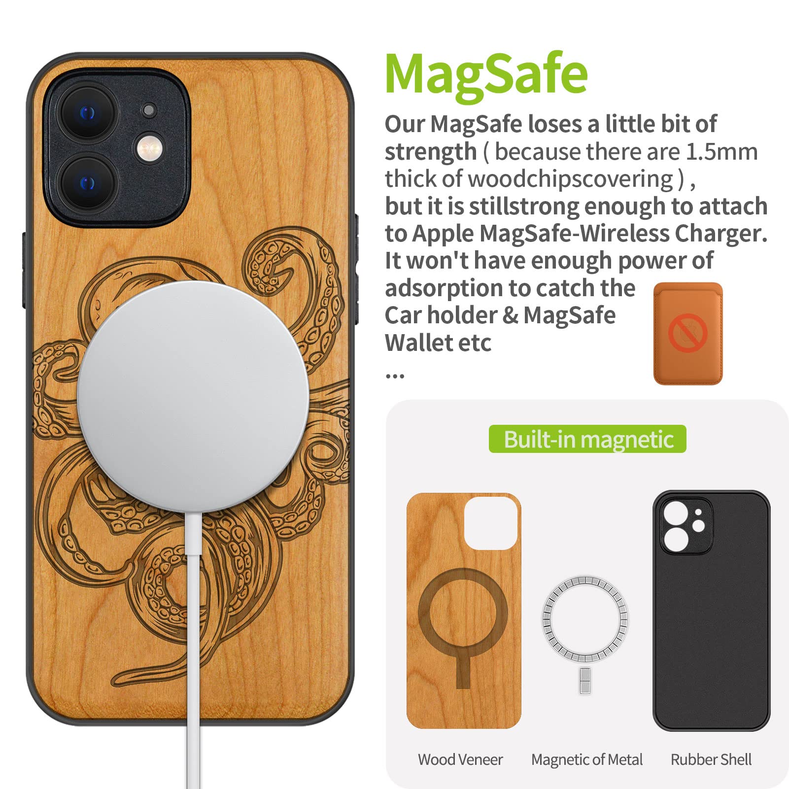 Carveit Magnetic Wood Case for iPhone 12 Mini - Natural Cherry Wood & Black TPU Shockproof Protective Cover - MagSafe Compatible - Unique Octopus Design - Perfect for Business, Travel & Everyday Use