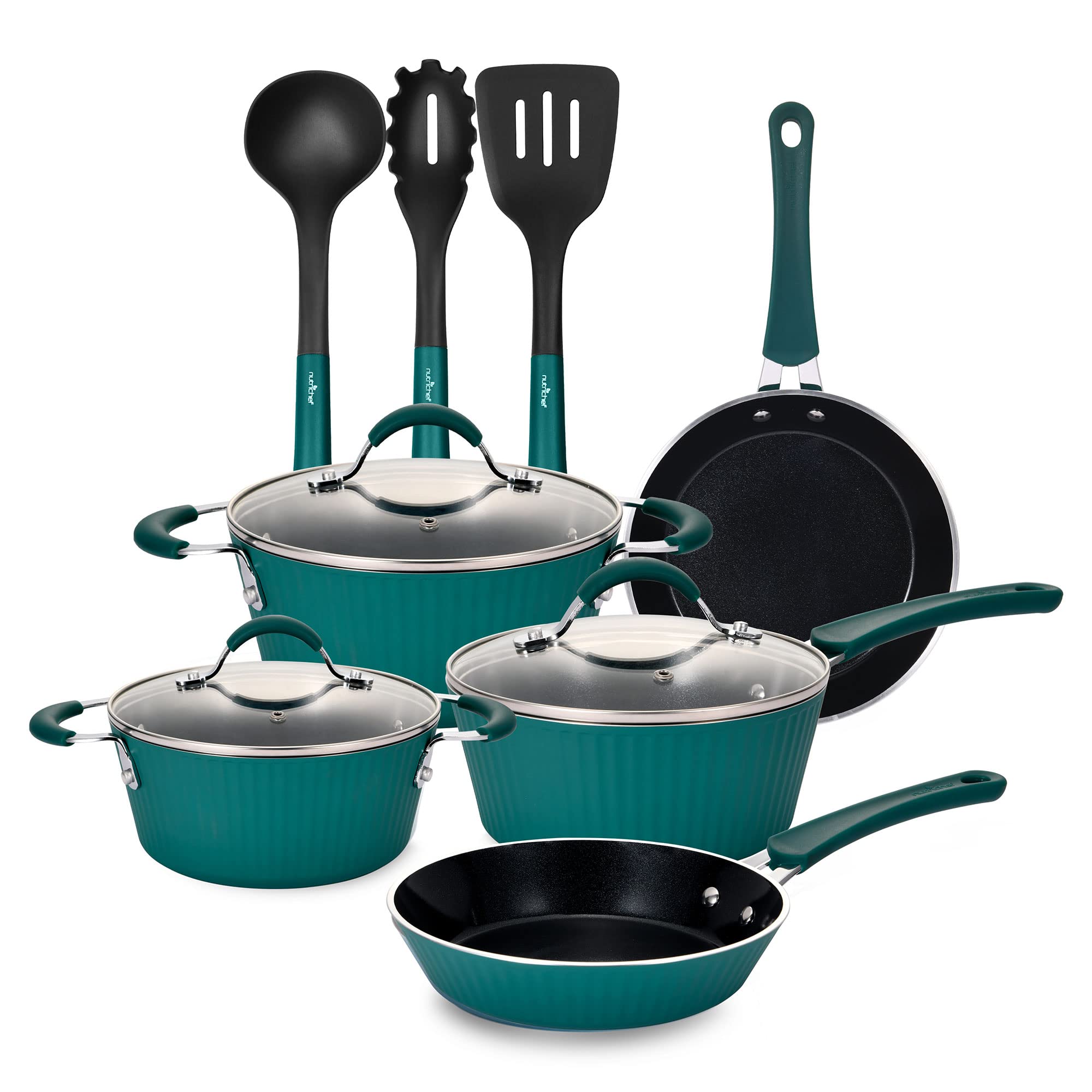 NutriChef 11-Piece Nonstick Cookware Set with Glass Lids & Kitchen Utensils - Teal Blue Ceramic Coating Pots & Pans for Healthy Cooking | Perfect for Sauteing, Frying & Everyday Meal Prep