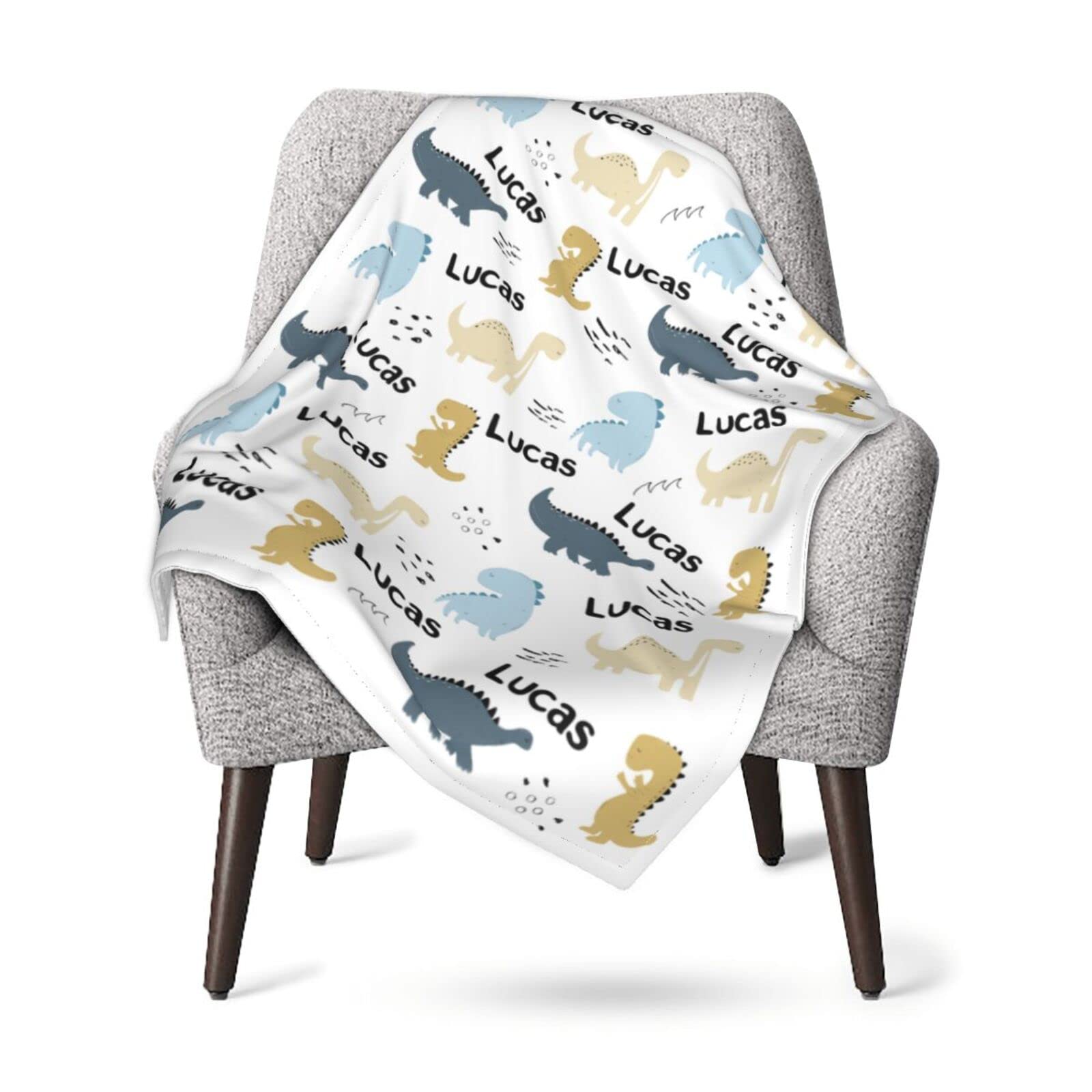 Personalized Baby Blankets for Boys - Custom Name Dinosaur Baby Blanket | Soft White Newborn & Toddler Gift | Perfect for Nursery, Stroller & Photo Shoots