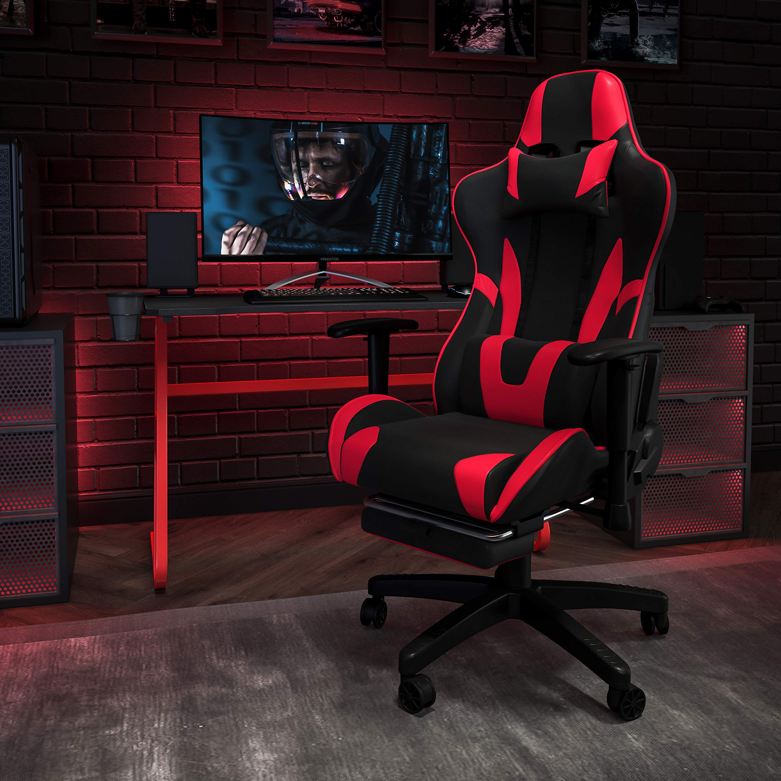 Flash Furniture Red Gaming Desk & Reclining Gaming Chair Set with Cup Holder, Headphone Hook - Ergonomic Computer Desk & Chair Combo for PC Gamers, Streaming, Home Office Setup