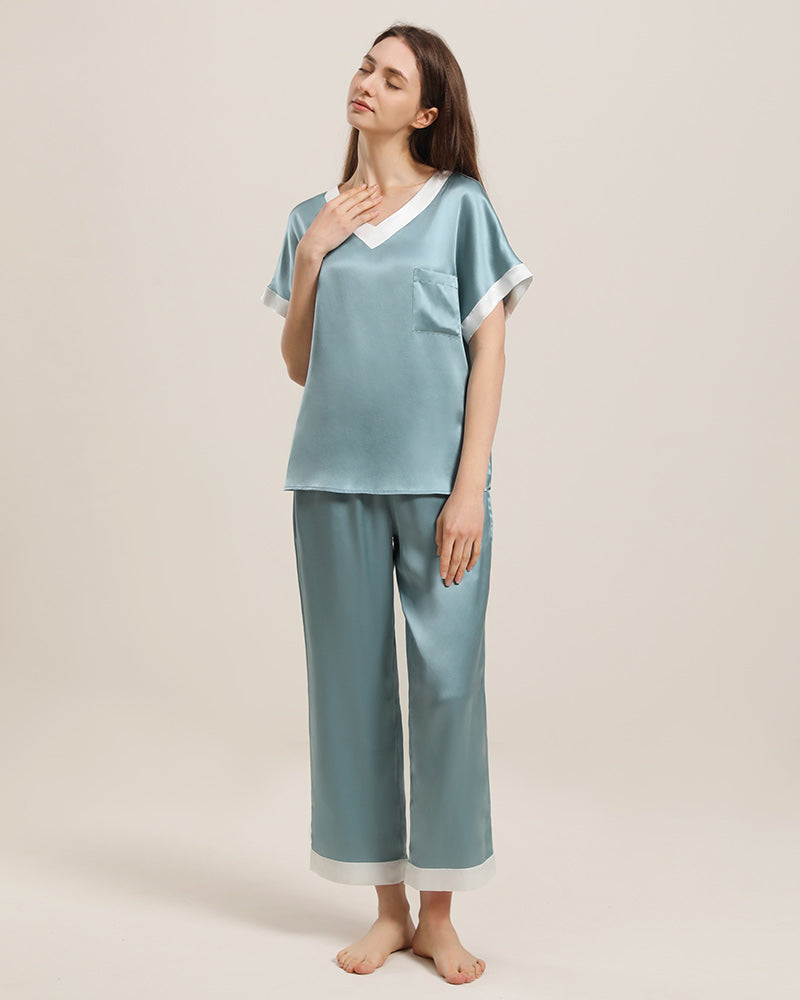 Luxury V-Neck Silk Pajama Set for Women - Soft Sleepwear Loungewear for Comfortable Nights & Relaxing at Home