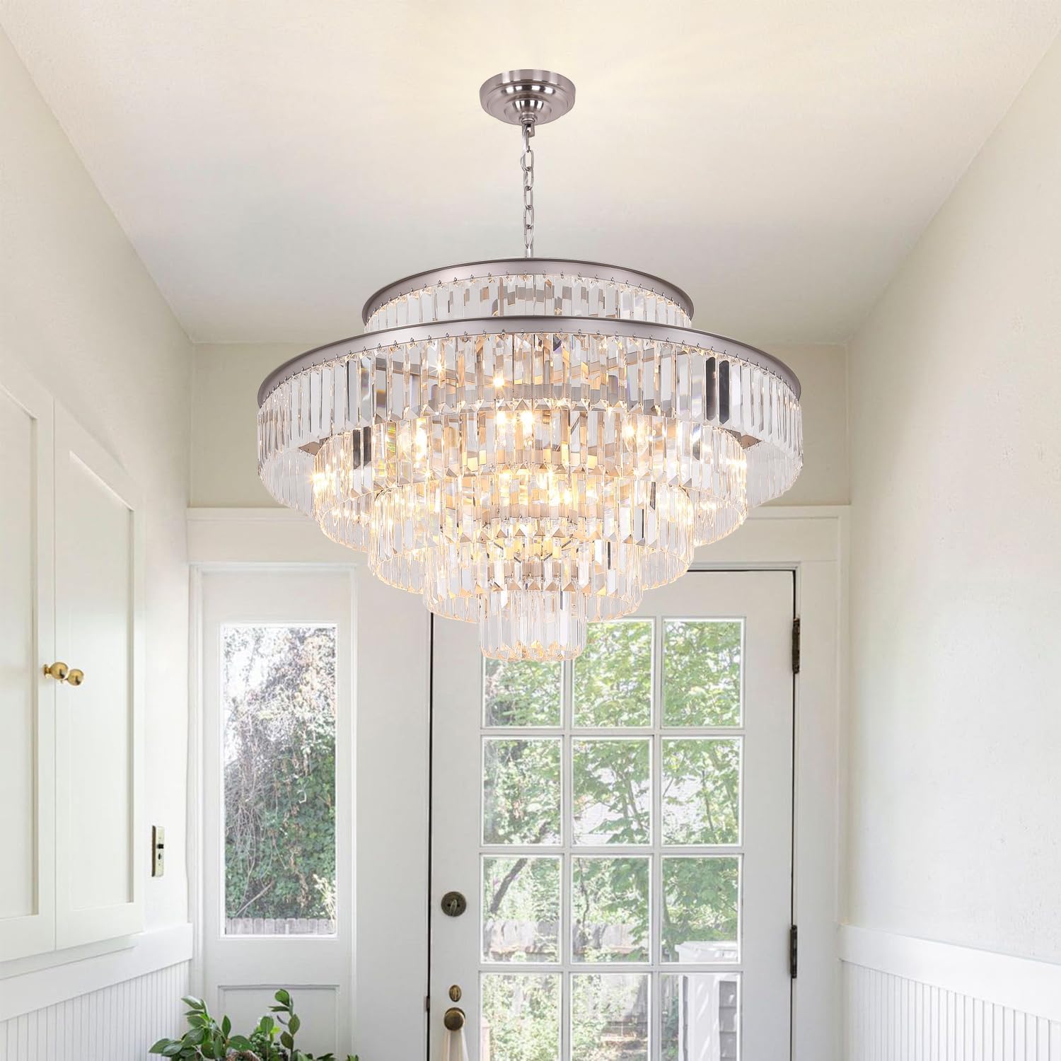 Modern Round Crystal Chandelier - 7-Tier 17-Lights Nickel Finish for Dining Room, Living Room, Bedroom & Entryway - Elegant Lighting Fixture for Home Decor & Wedding Venues