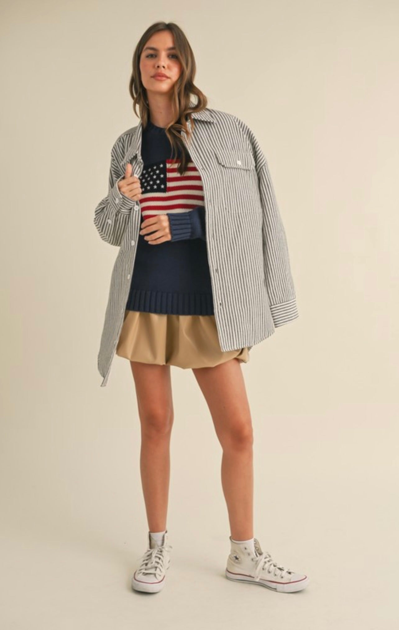 Brown Striped Padded Oversized Shacket for Women - Cozy Winter Layering & Casual Outfit Essential