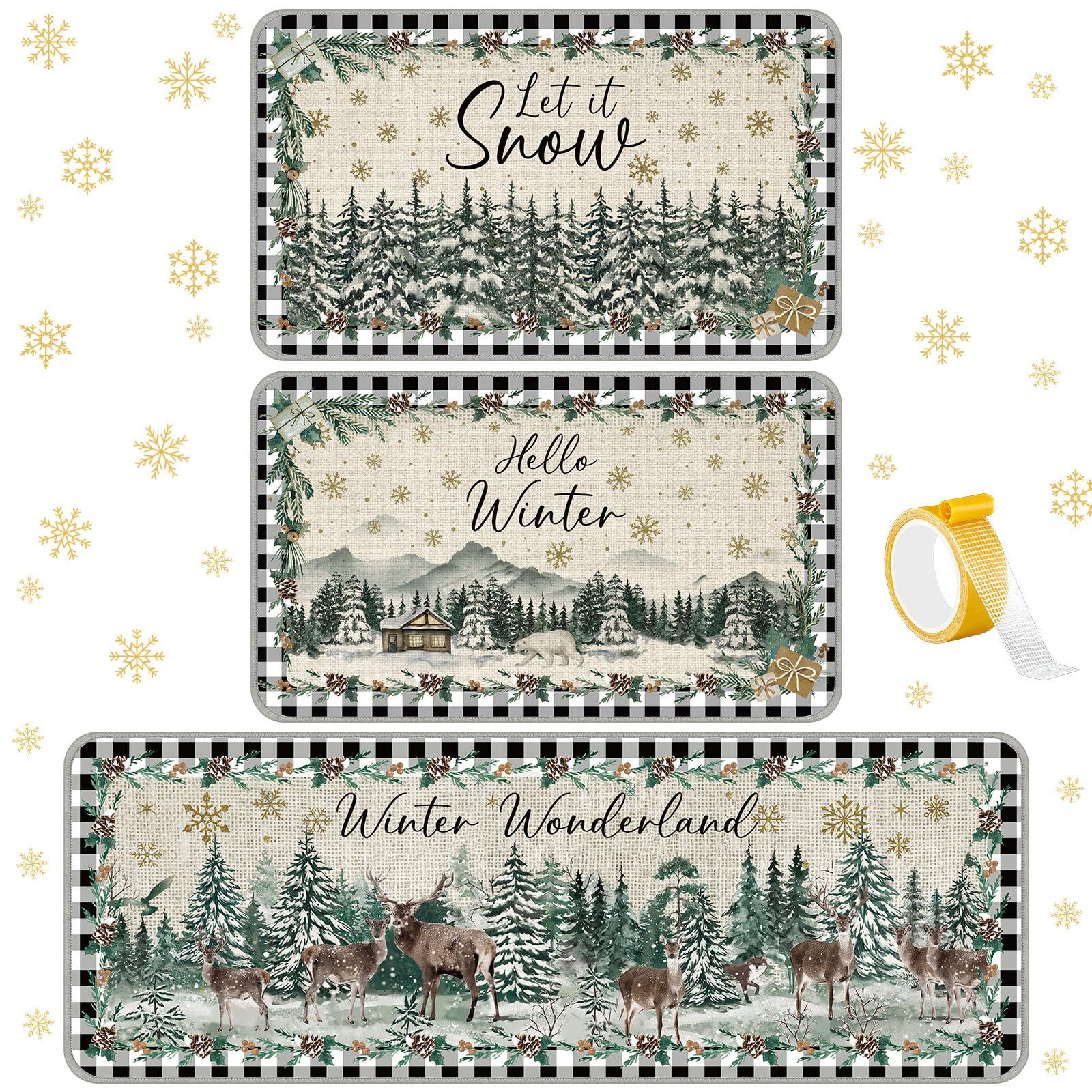 3-Piece Winter Wonderland Non-Slip Kitchen Mat Set - Waterproof Washable Floor Rugs for Farmhouse Decor, Holiday Home, Office, Bathroom & Party - Cozy Rustic Floor Mats for Christmas Decorations & Winter Gatherings