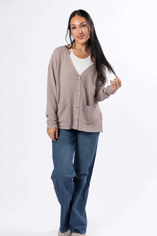 Taupe Waffle Knit Cardigan for Women - Cozy Long Sleeve Open Front Sweater | Perfect for Fall & Winter Layering, Office Wear & Casual Outfits