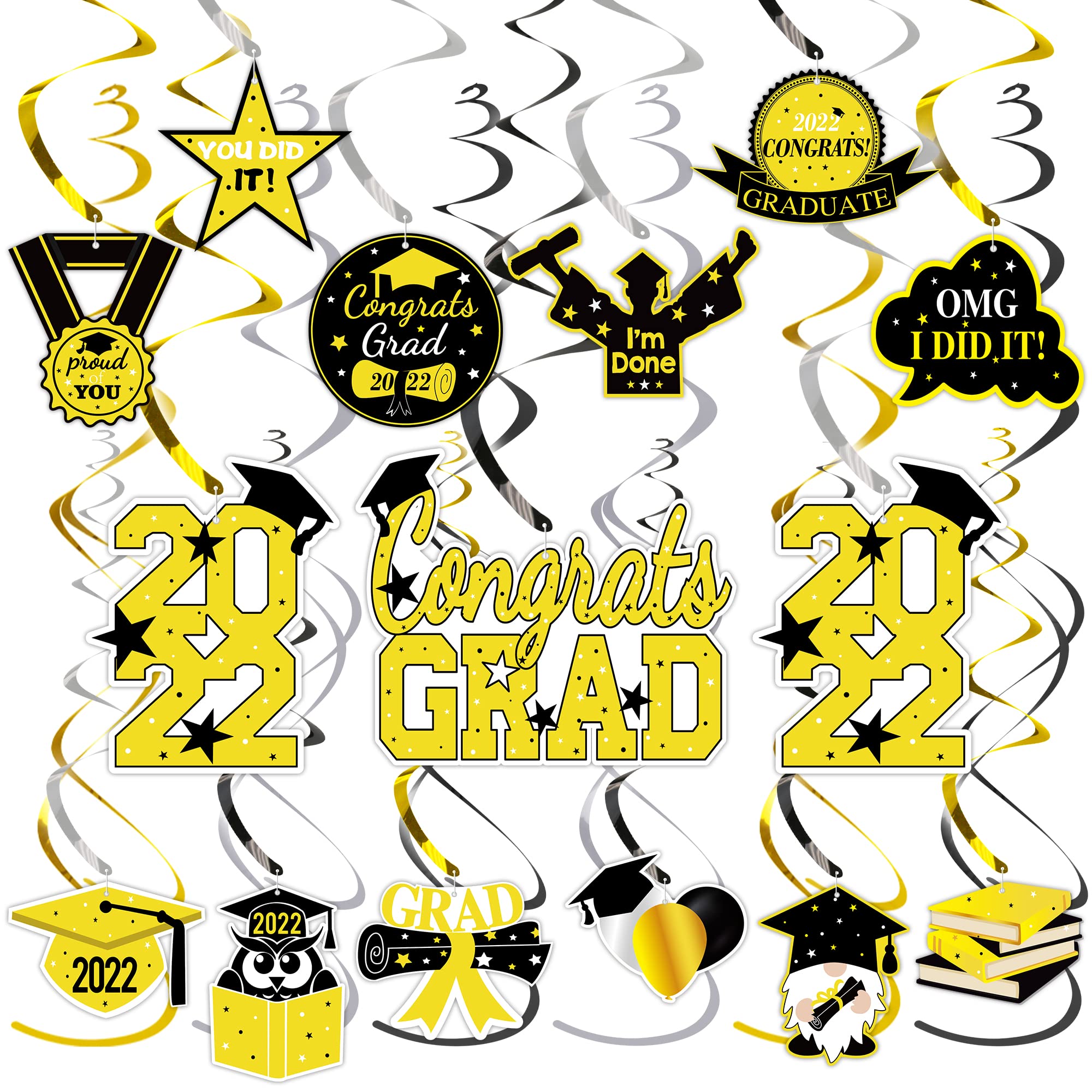 Tifeson 36-Piece Gold Graduation Party Decorations Set - Class of 2022 Hanging Swirls, Congrats Grad Banner for High School & College Commencement - Perfect for Graduation Ceremony Decor, Party Backdrops & Photo Booth Props