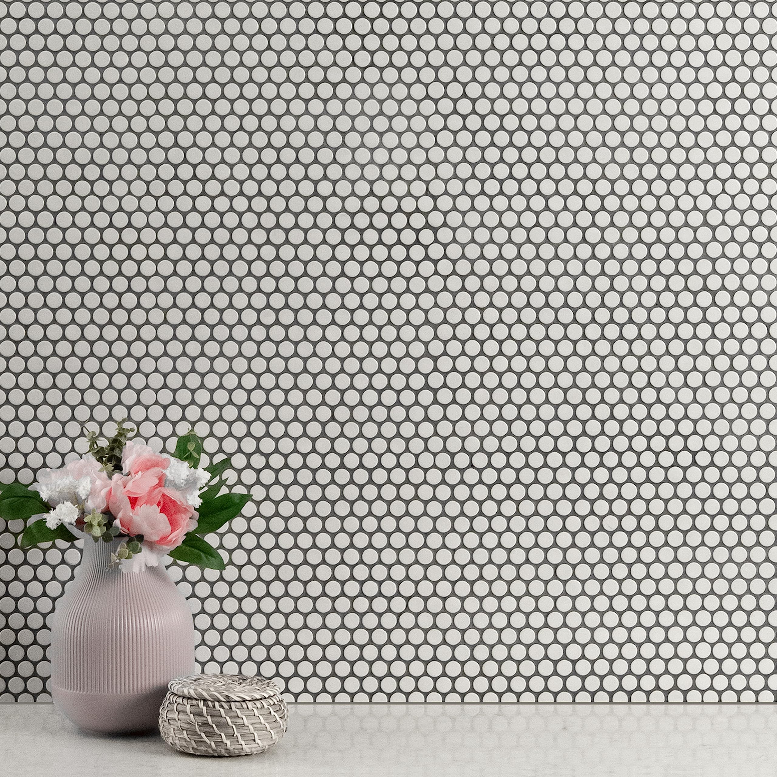 MSI Almond 11.63x11.5 Inch Glossy Porcelain Penny Round Mosaic Tile - Kitchen Backsplash, Bathroom Wall, Shower Floor Tile - Beige Mesh-Mounted Ceramic Tiles for Home Renovation & Commercial Spaces