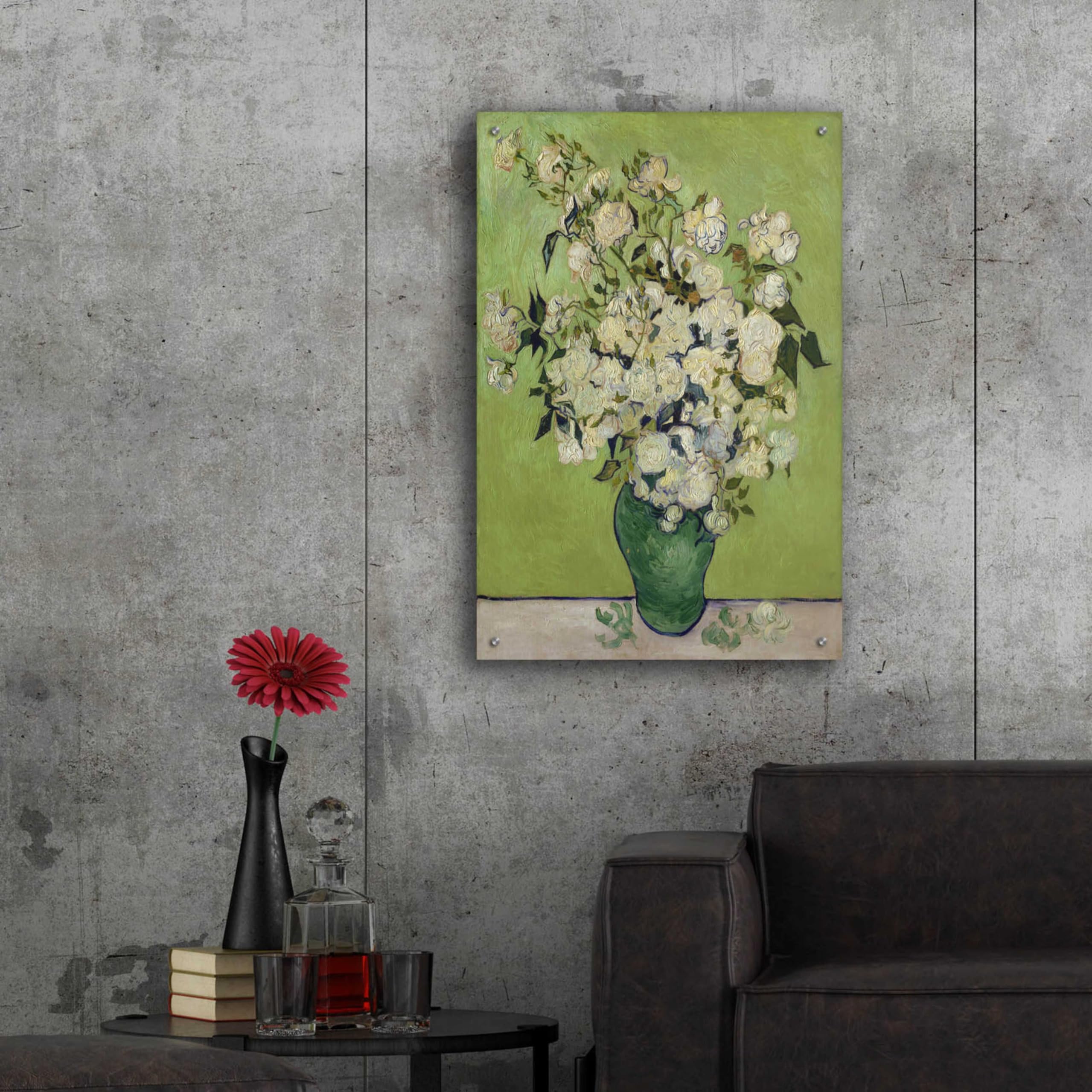 Vincent Van Gogh 'Vase of Roses' Acrylic Glass Wall Art Print - 24x36 Inches - Famous Flower Painting Reproduction for Living Room, Bedroom & Office Decor