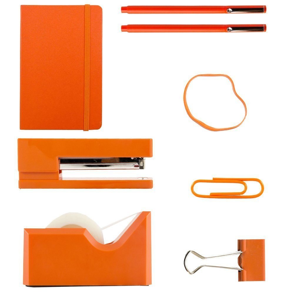 JAM PAPER Complete Desk Kit - Orange Office Supplies Set with Stapler, Tape Dispenser, Journal, Pens, Rubber Bands, Paper Clips & Binder Clips - 7 Piece Pack for Home Office, School & Work Organization