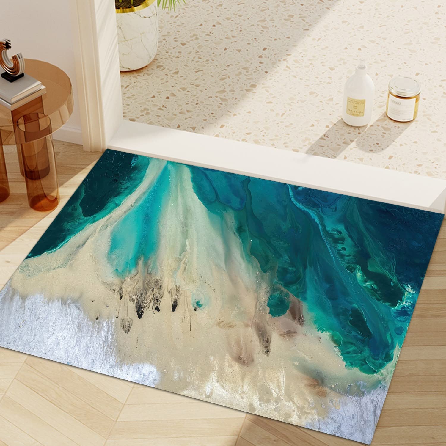 GUBIYU Modern Abstract Swirl Area Rug - Stain Resistant Washable Non-Shed Eco-Friendly Runner Rug in Turquoise Navy Blue Beige Gray - 23.6