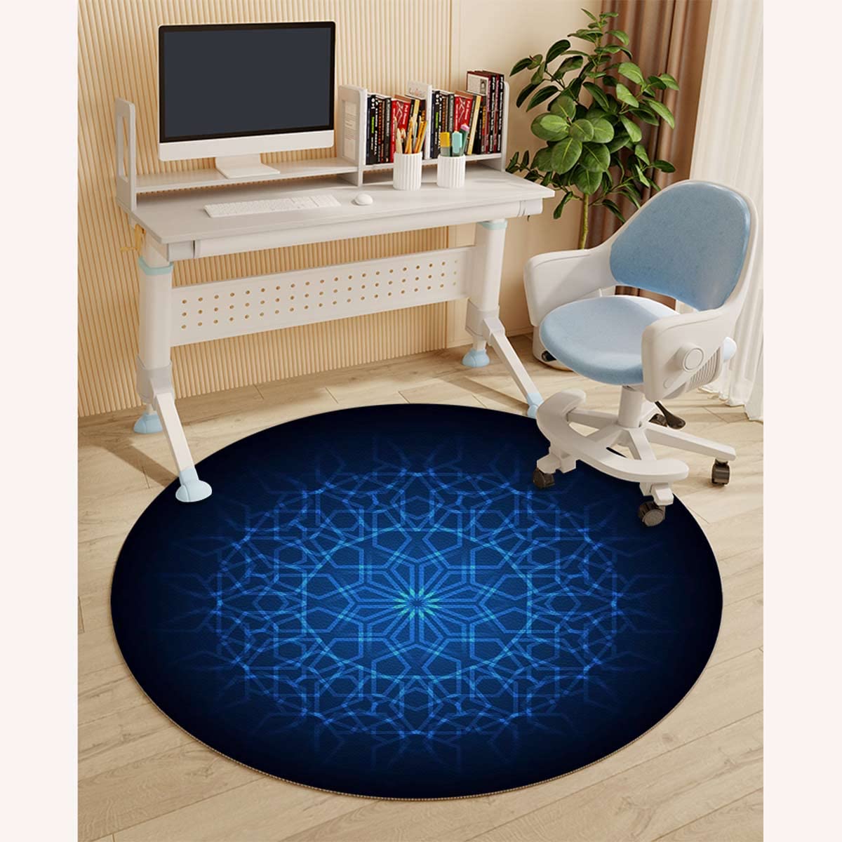 Premium Black & Blue PU Leather Chair Mat for Hardwood Floors - Non-Slip Floor Protector with Bohemian Interlace Circles Design (47.2