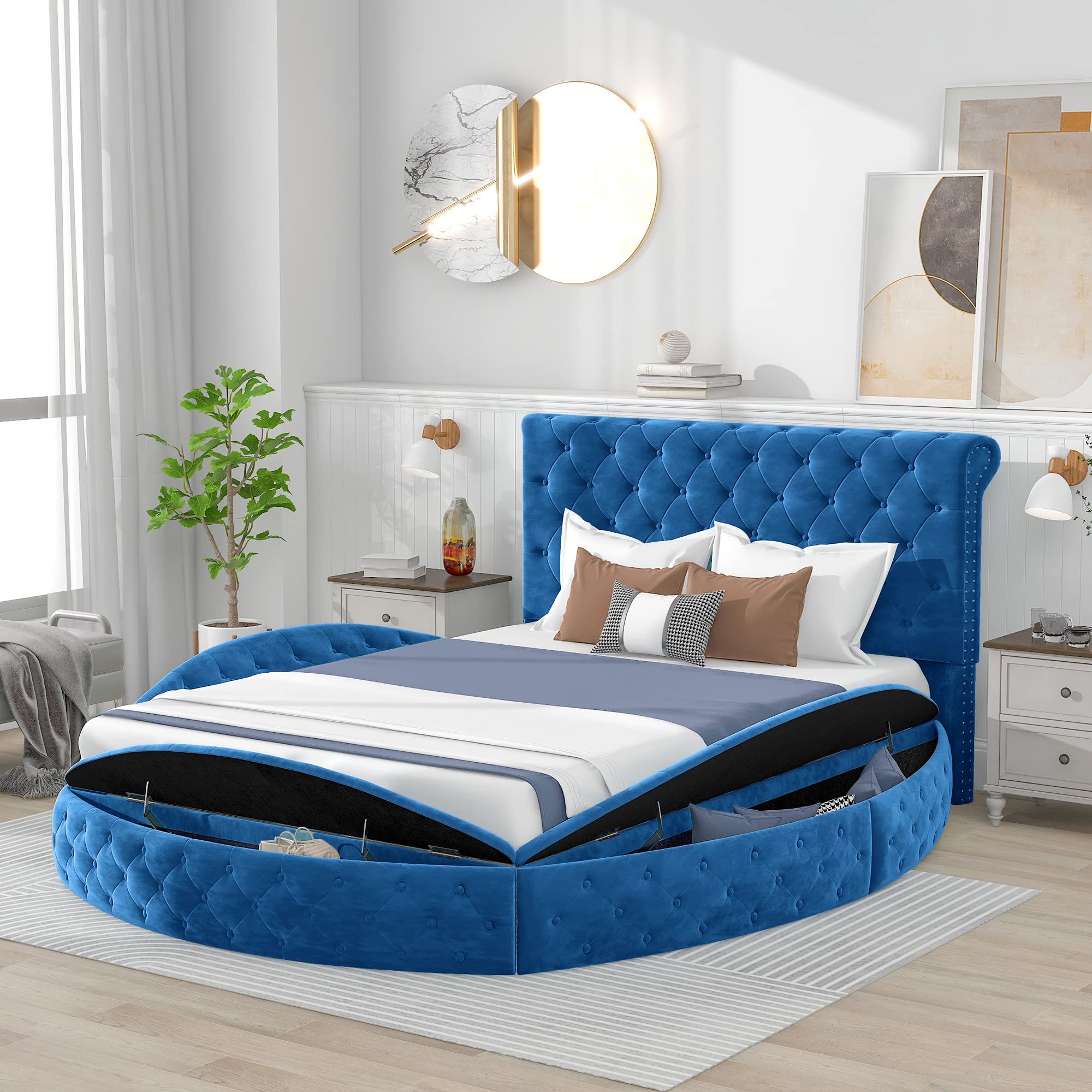Queen Size Upholstered Platform Bed Frame with Storage on Both Sides & Footboard - No Box Spring Needed - Blue Velvet Bed for Kids, Teens & Adults - Perfect for Small Bedrooms & Modern Home Decor