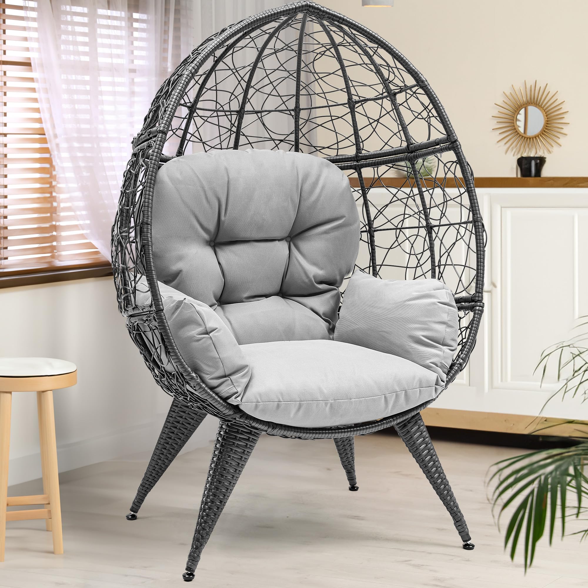 YITAHOME Oversized Wicker Egg Chair with Stand - Indoor & Outdoor Hanging Basket Chair with Cushion & Leveling Feet, 330lbs Capacity - Perfect for Patio, Garden, Backyard, Balcony Relaxation (Grey)