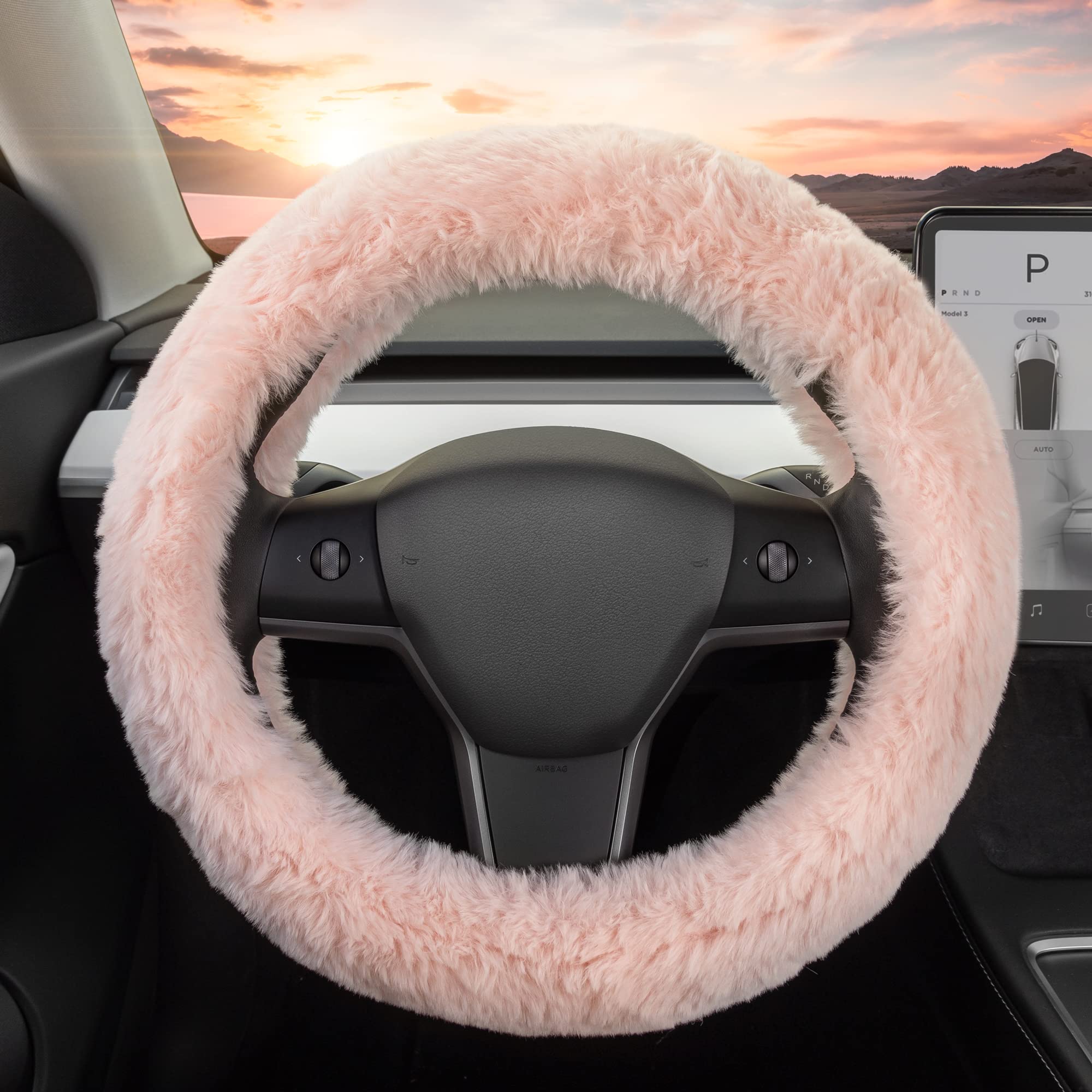 Soft Pink Fuzzy Steering Wheel Cover - Standard 15 Inch Universal Fit for Most Cars, Cute Faux Fur Steering Wheel Protector with Plush Fluffy Touch - Perfect Car Accessory for Women - Great for Winter Driving & Stylish Interior Upgrade