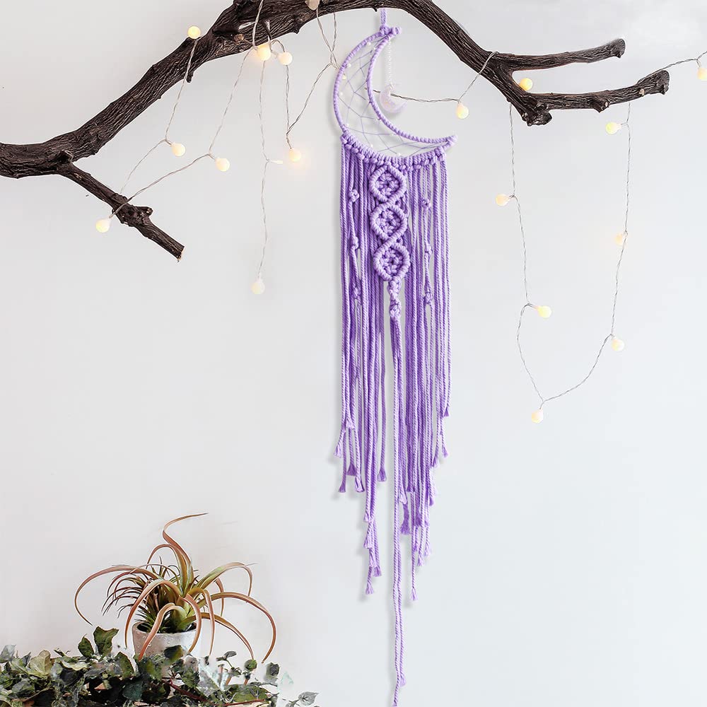 Kyoryuger Moon Dream Catcher with LED Lights - Handmade Boho Wall Hanging for Teen Girls Room Decor, Birthday Gifts for Women & Kids - Purple Dreamcatcher for Bedroom, Nursery & Meditation Space