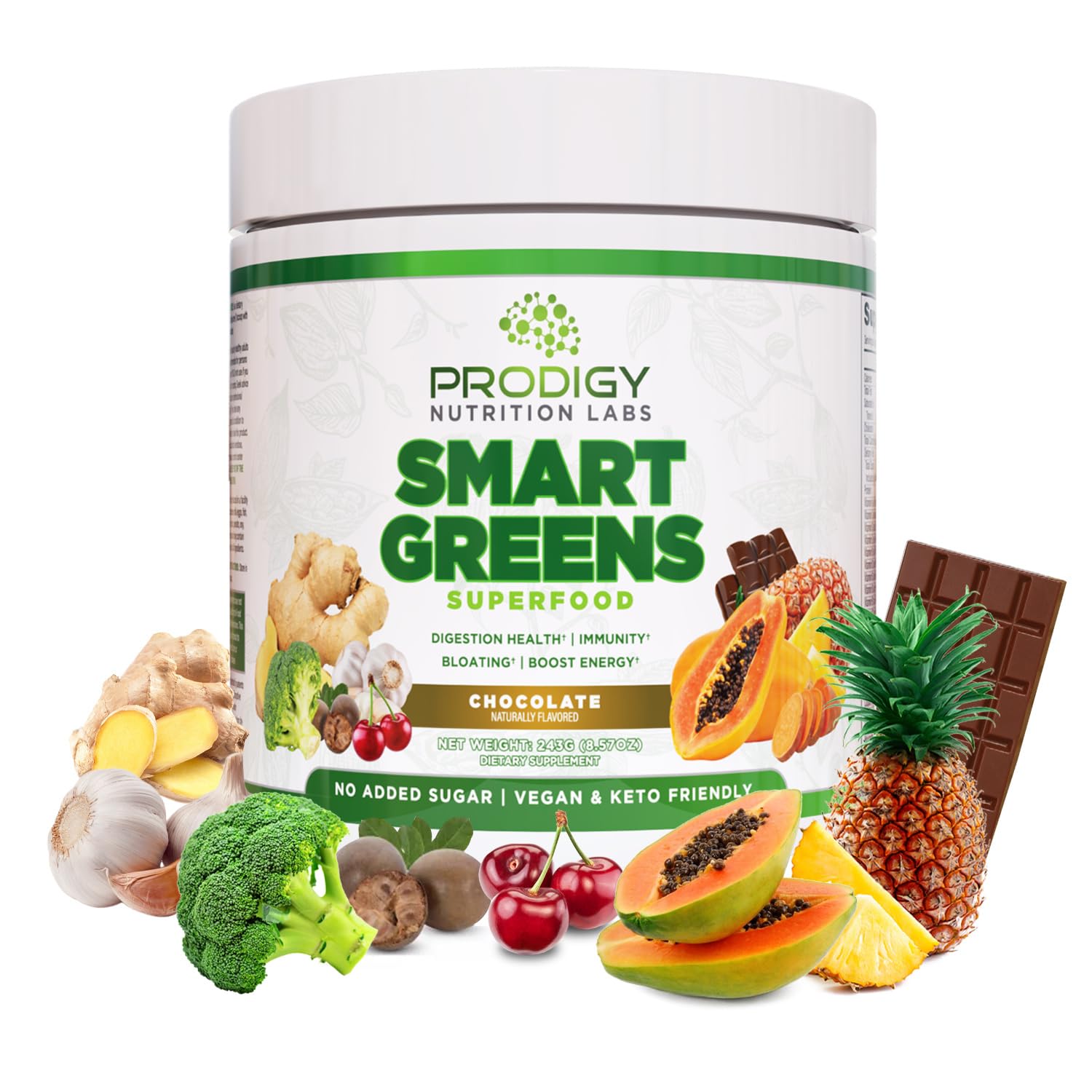 Prodigy Smart Greens Superfood Powder - Organic Greens Blend with Probiotics, Chlorella, Fruits & Vegetables for Digestive Health & Bloating Relief - Smoothie & Drink Mix for Gut Health - Perfect for Post-Workout Recovery & Daily Wellness Boost