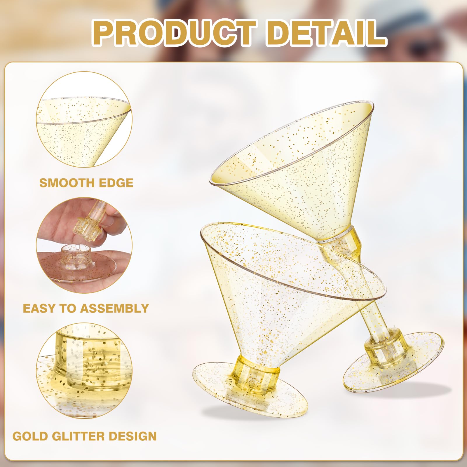50 Pack Disposable Plastic Martini Glasses - 5 oz Gold Glitter Cocktail Cups with 100 Cocktail Sticks | Perfect for Weddings, Home Parties, Bars, and Outdoor Events - Elegant Drinkware for Margaritas, Cocktails, and Beverage Serving