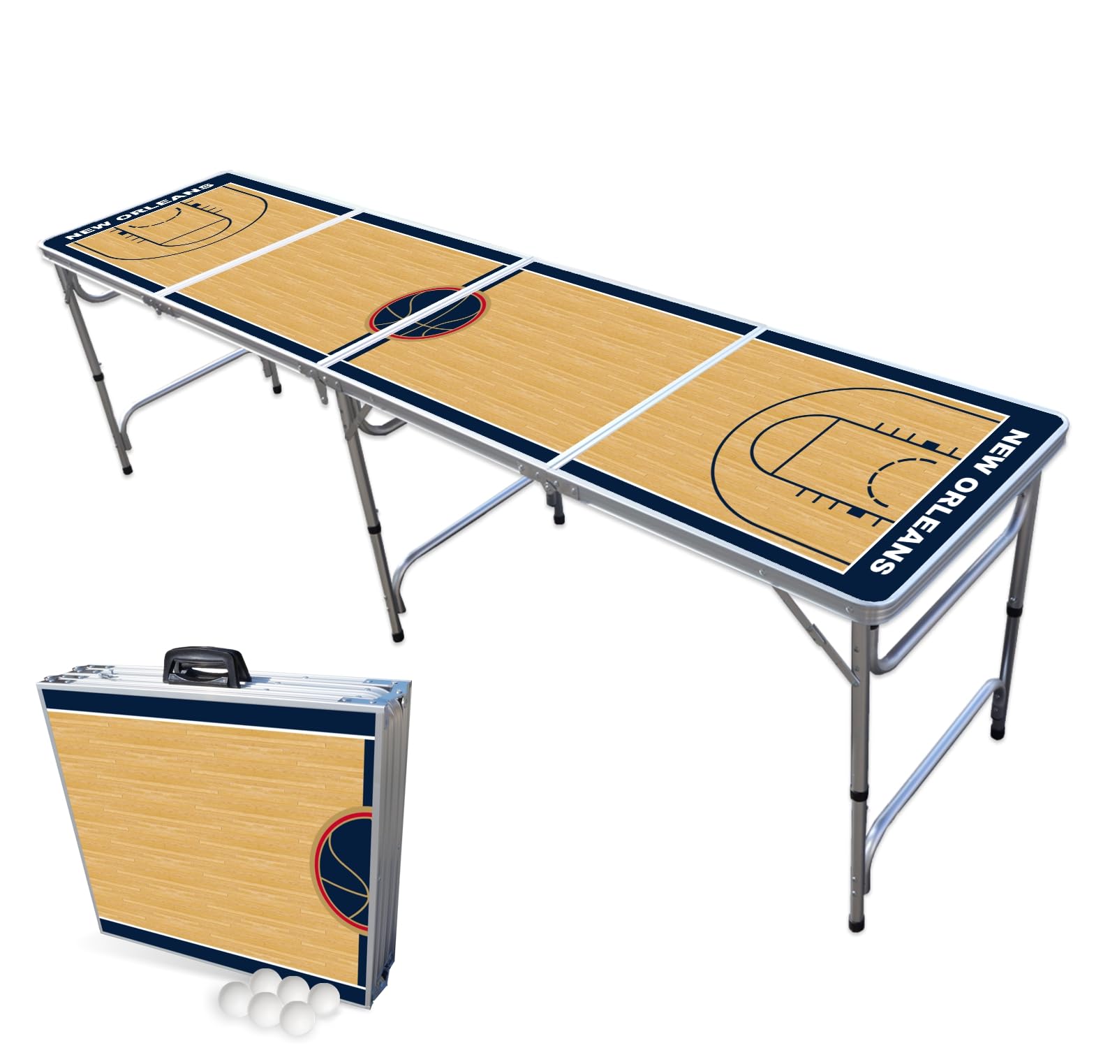 8-Foot Folding Portable Beer Pong Table with Optional Cup Holders & LED Lights - New Orleans Basketball Court Design - Perfect for Parties, Tailgates & Outdoor Games (Multiple Models Available)