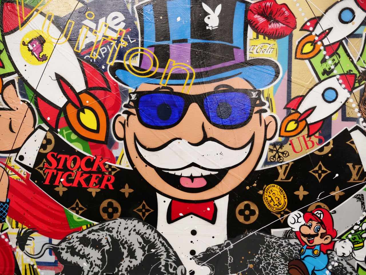 Monopoly Man Textured Urban Pop Art Painting - 240cm x 100cm Wall Decor for Living Room, Office & Game Room | Money Never Sleeps Inspired Artwork