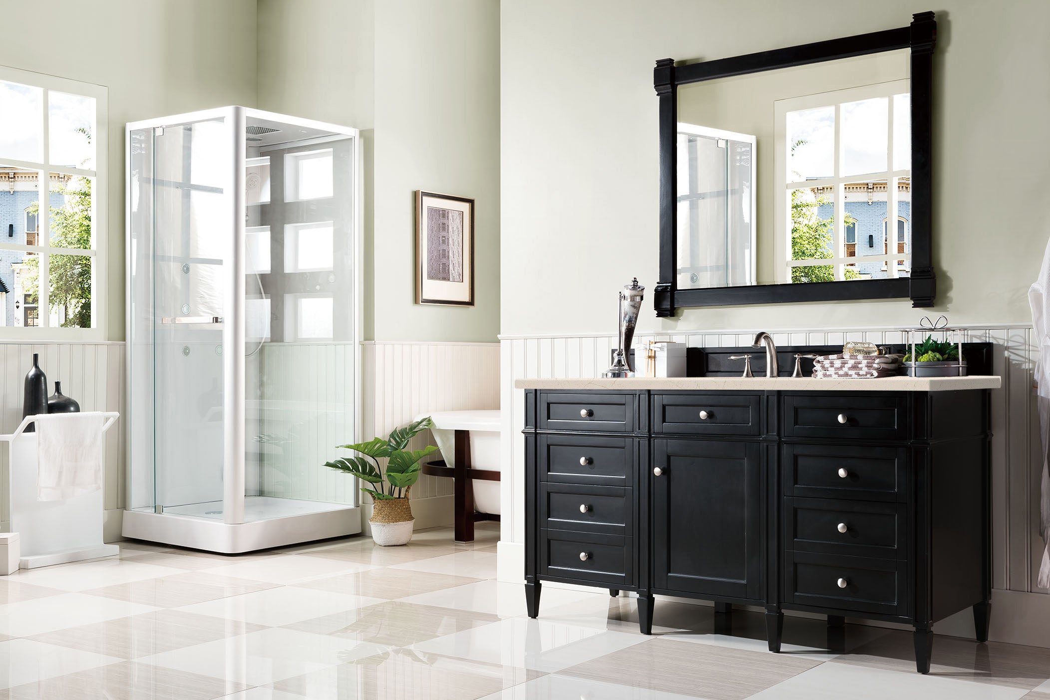 Brittany 60 Inch Single Bathroom Vanity in Black Onyx with 3CM Eternal Marfil Quartz Countertop - Perfect for Modern Master Bathroom or Powder Room Renovation