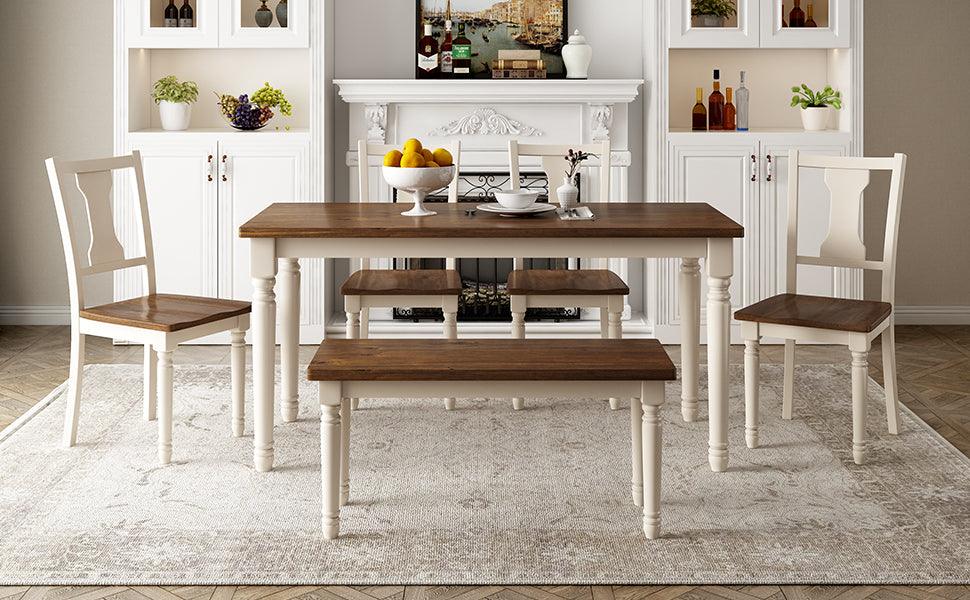 Classic 6-Piece Wooden Dining Set with Table, 4 Chairs & Bench for Kitchen & Dining Room - Brown & Cottage White | Perfect for Family Meals, Entertaining Guests & Small Space Dining