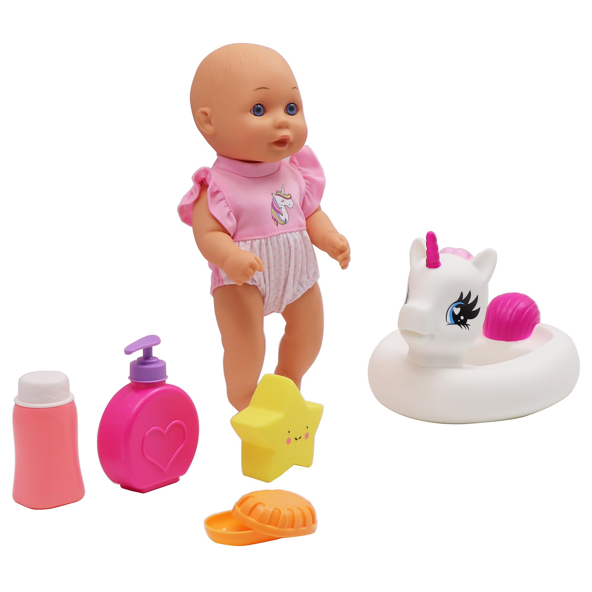 Dream Collection Water Baby Doll in Unicorn Floater - Realistic Pretend Play Toy with Posable Soft Body, Star Accessories & Soap Case - Perfect for Bath Time, Pool Play & Imaginative Role Play (12 Inches)