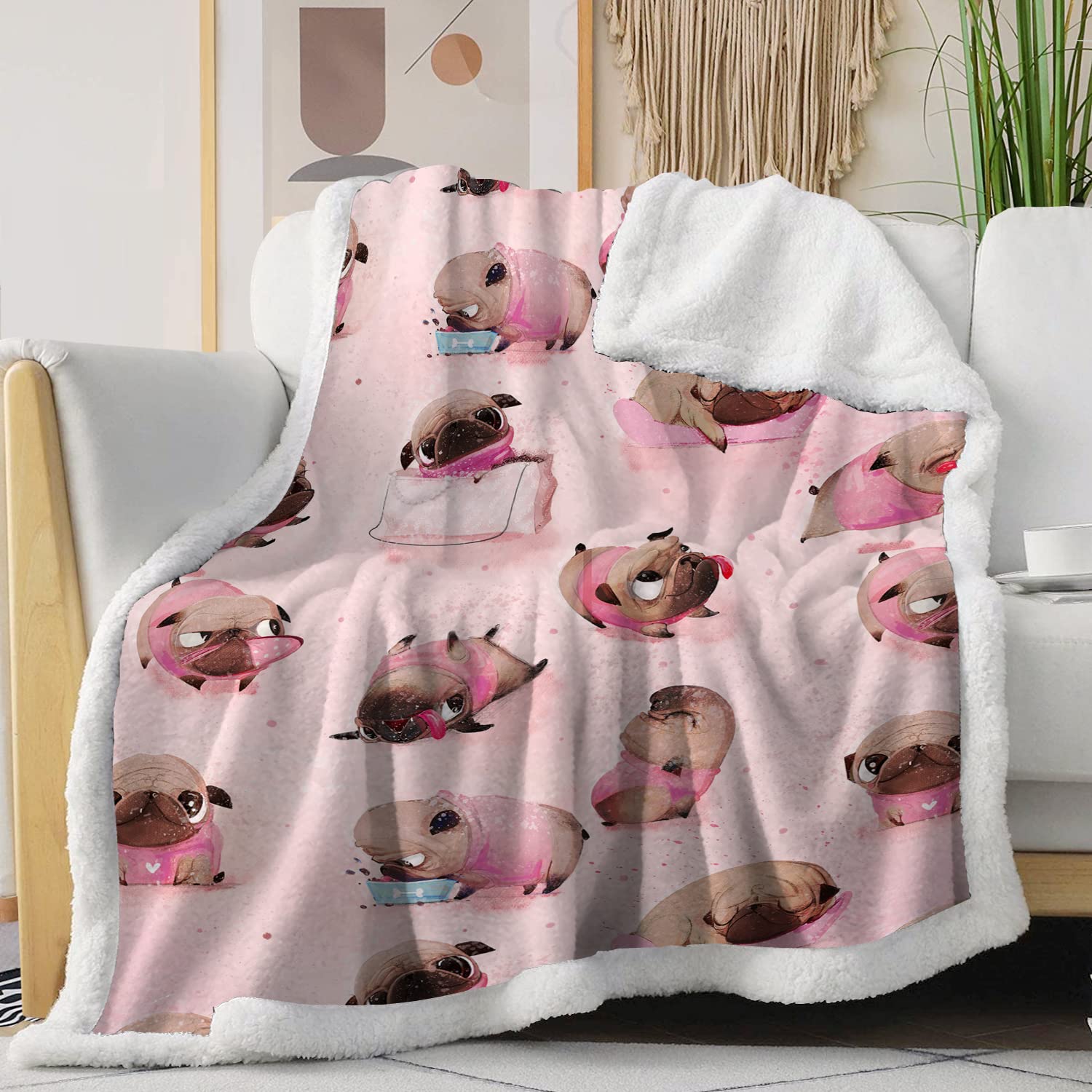 Soft Pink Sherpa Fleece Pug Fuzzy Blanket - Cozy Faux Fur Throw for Couch, Sofa & Bed - Perfect for Winter Snuggles, Movie Nights & Home Decor