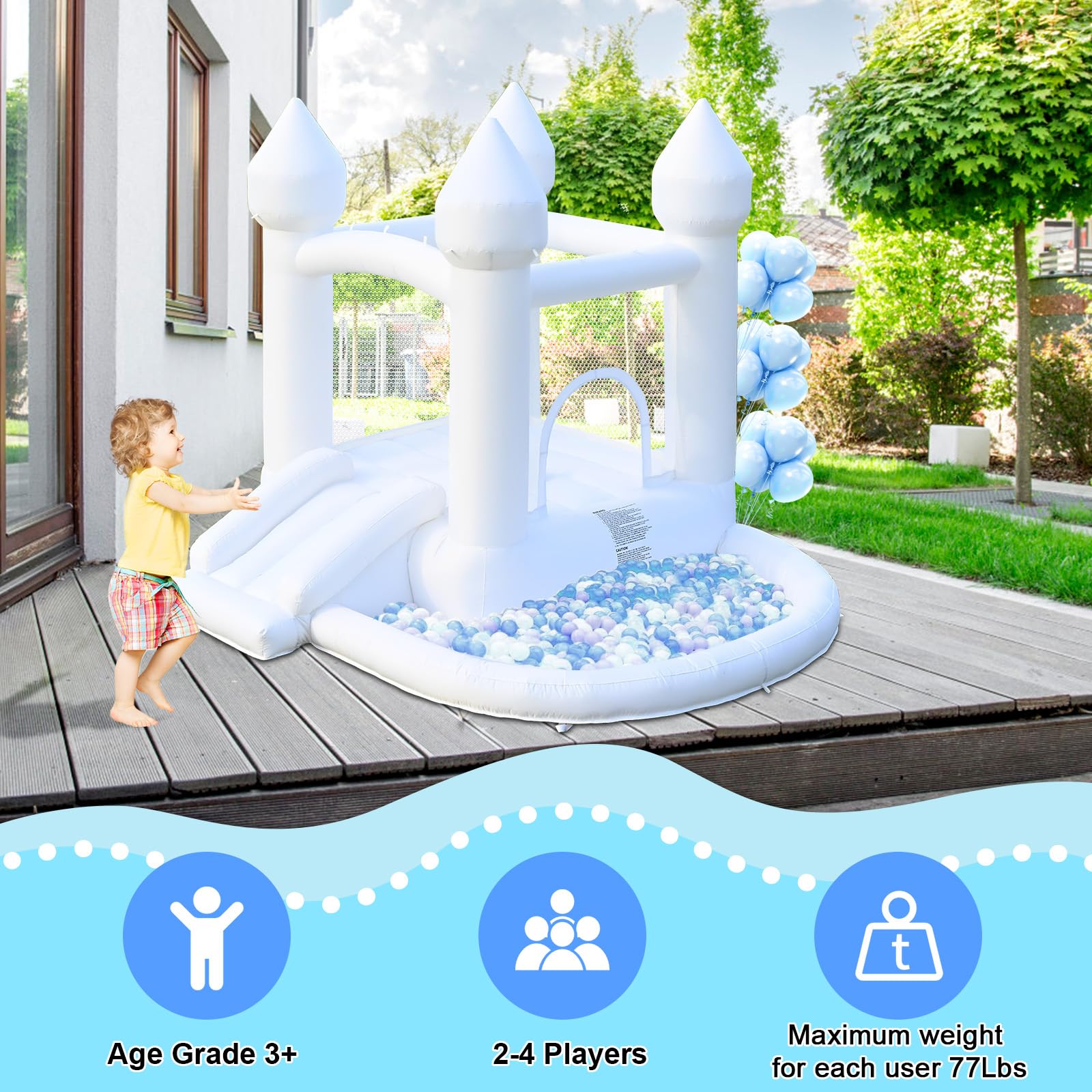 FOOING White Inflatable Bounce House with Air Blower - Jumping Castle with Ball Pit for Kids | Outdoor Party, Birthday, Wedding & Backyard Fun | Easy Setup & Safe Family Entertainment