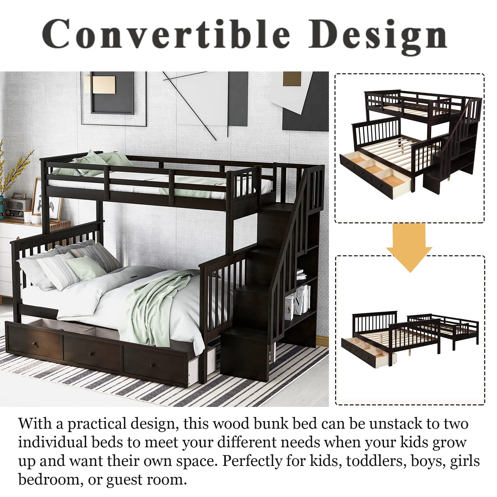 Twin Over Full Bunk Bed with Stairs and Storage - Wooden Stairway Bunk Bed with Drawers & Shelves for Bedroom, Dorm, Kids Room - Espresso Finish - Space Saving Furniture for Small Rooms & Shared Spaces