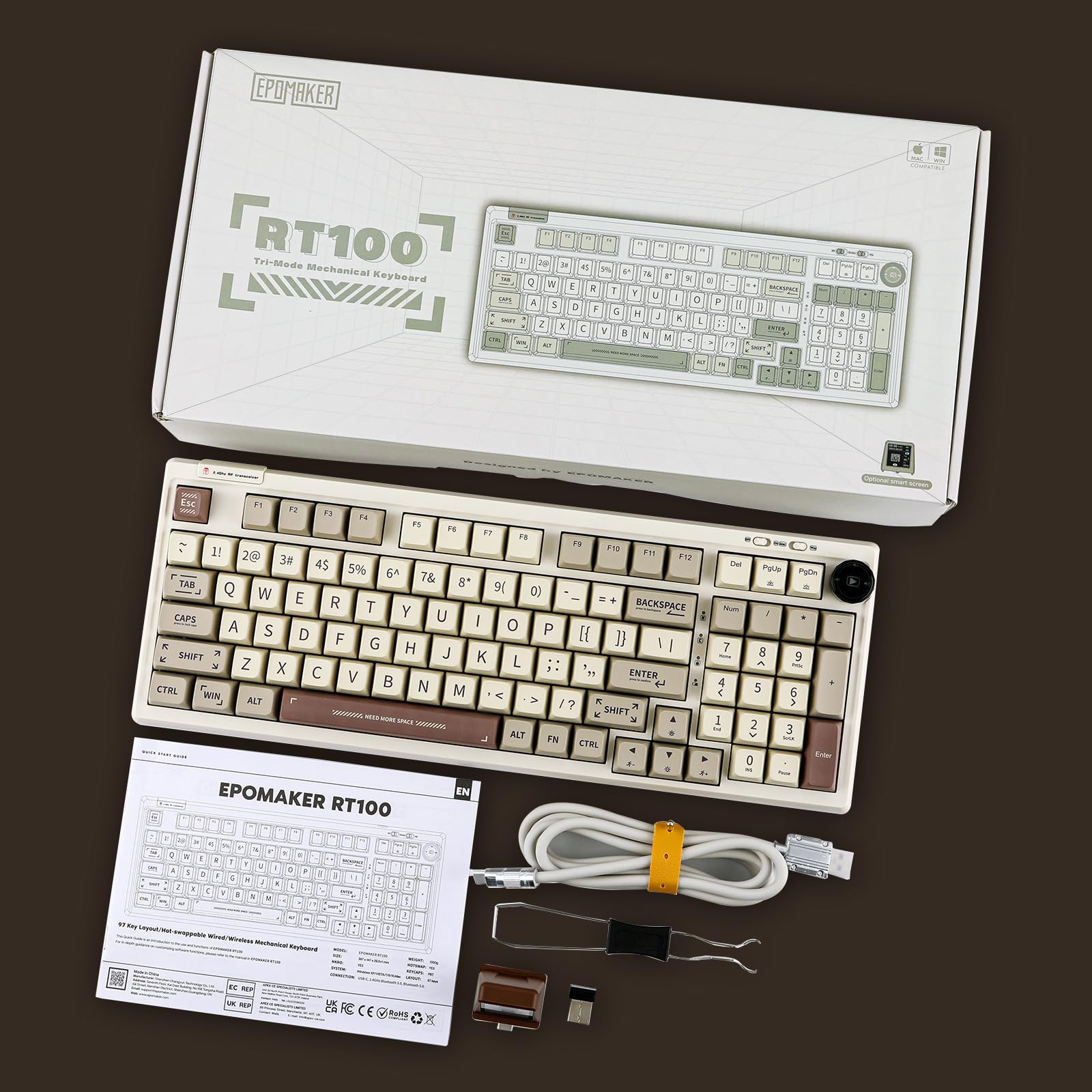 EPOMAKER RT100 97-Key Wireless Mechanical Gaming Keyboard with Customizable Display, Rotary Knob & Hot-Swappable Switches | Bluetooth 5.0/2.4GHz/USB-C | 5000mAh Battery | Wisteria Linear Switch | Compatible with Windows & Mac | Perfect for Gaming, Office Work & Typing Enthusiasts